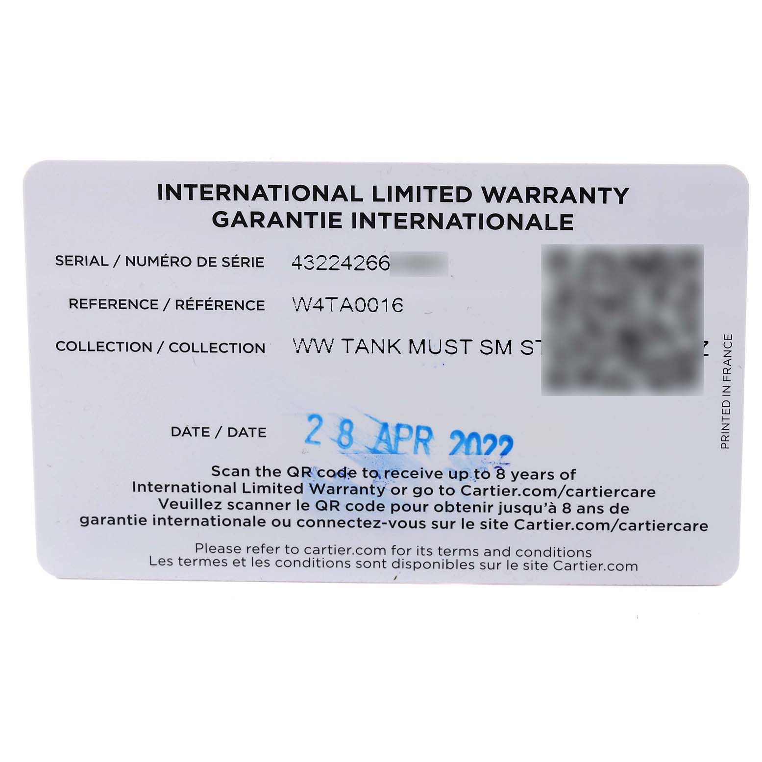 The image shows the international limited warranty card for the Cartier Tank Must W4TA0016 Women's Stainless Steel Silver Dial W4TA0016 Women's Stainless Steel Silver Dial model.