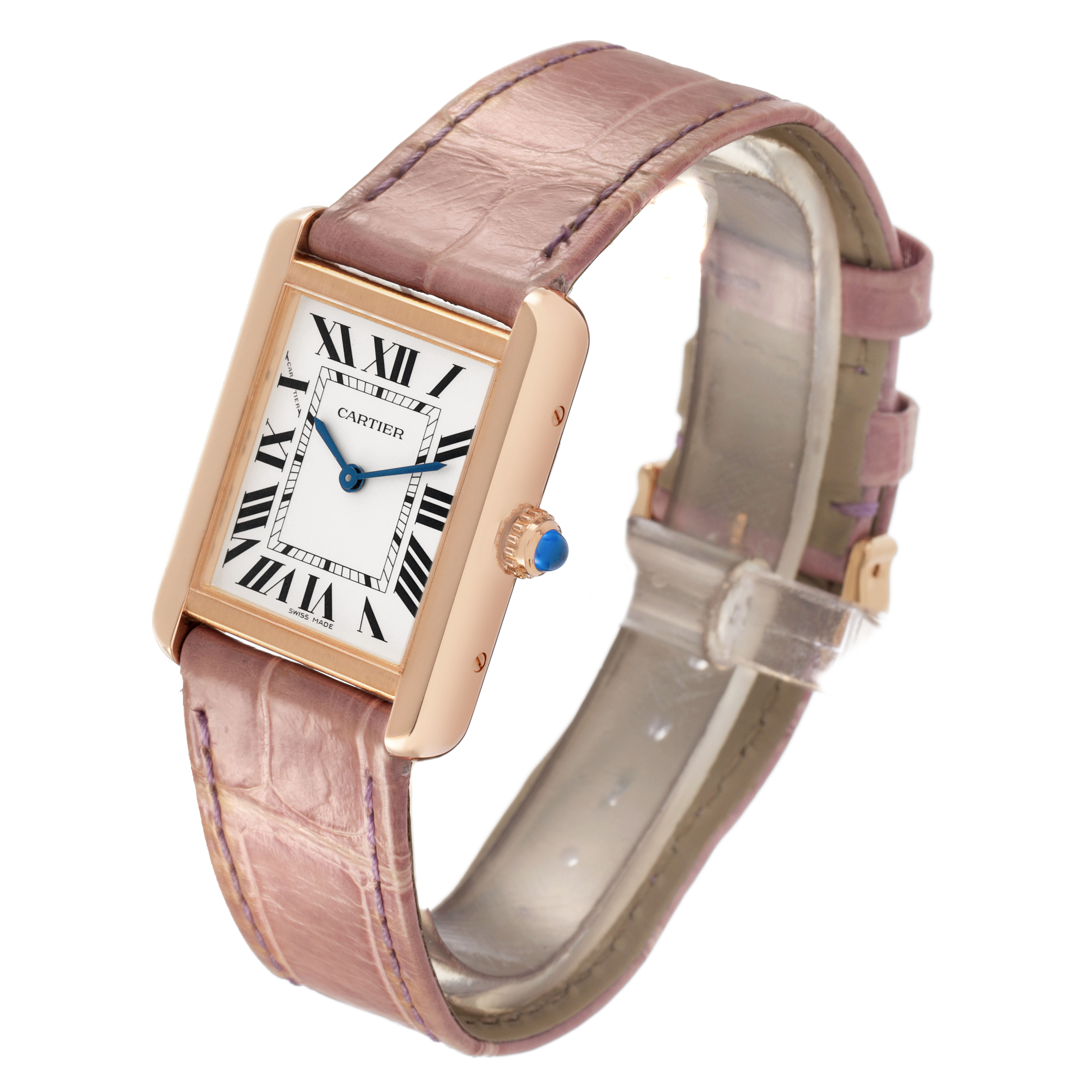 The Cartier Tank Solo W5200024 Women's Rose Gold Silver Dial watch is shown at an angled view, displaying its square face, Roman numerals, and leather strap.