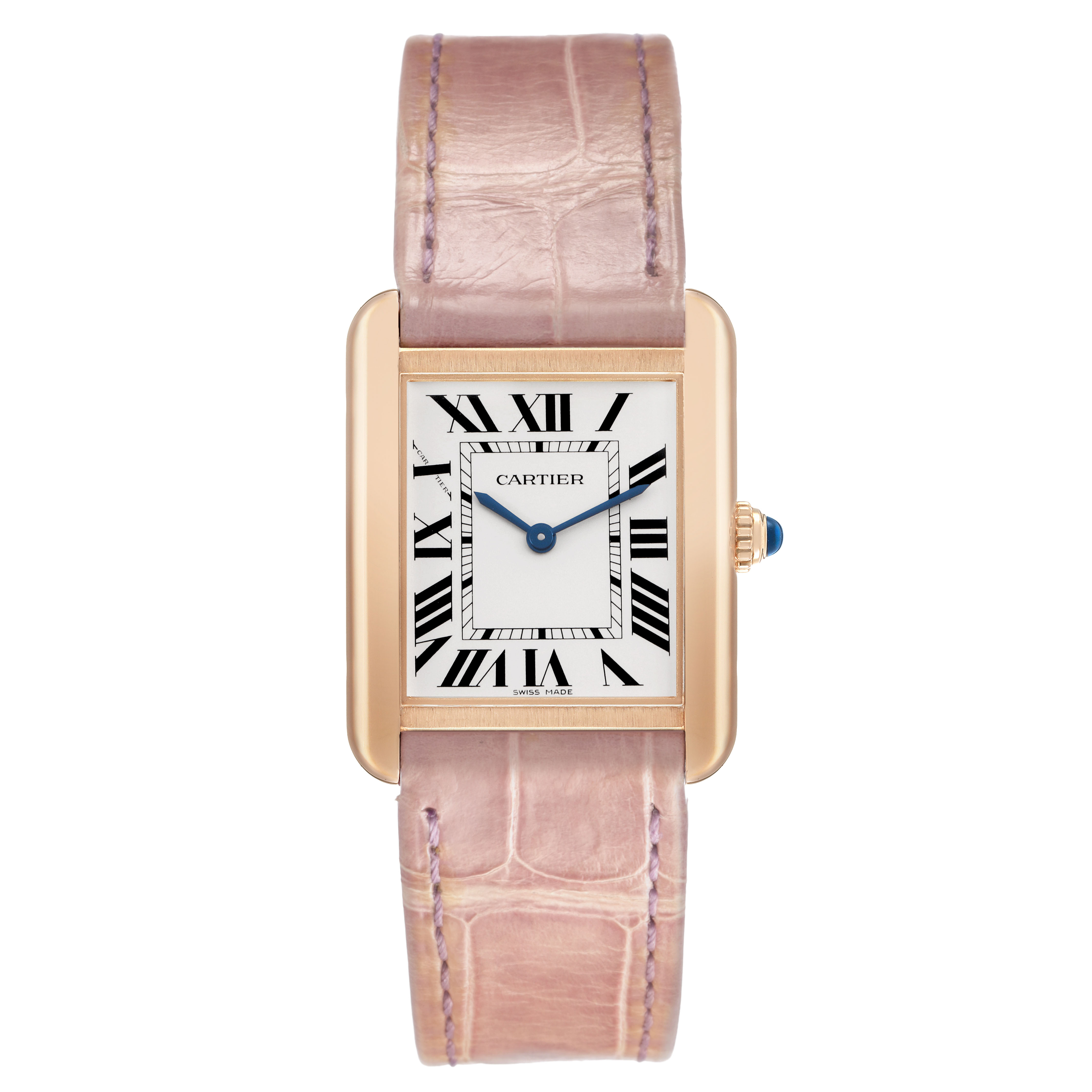 The image shows a front view of the Cartier Tank Solo W5200024 Women's Rose Gold Silver Dial watch with a pink leather strap.