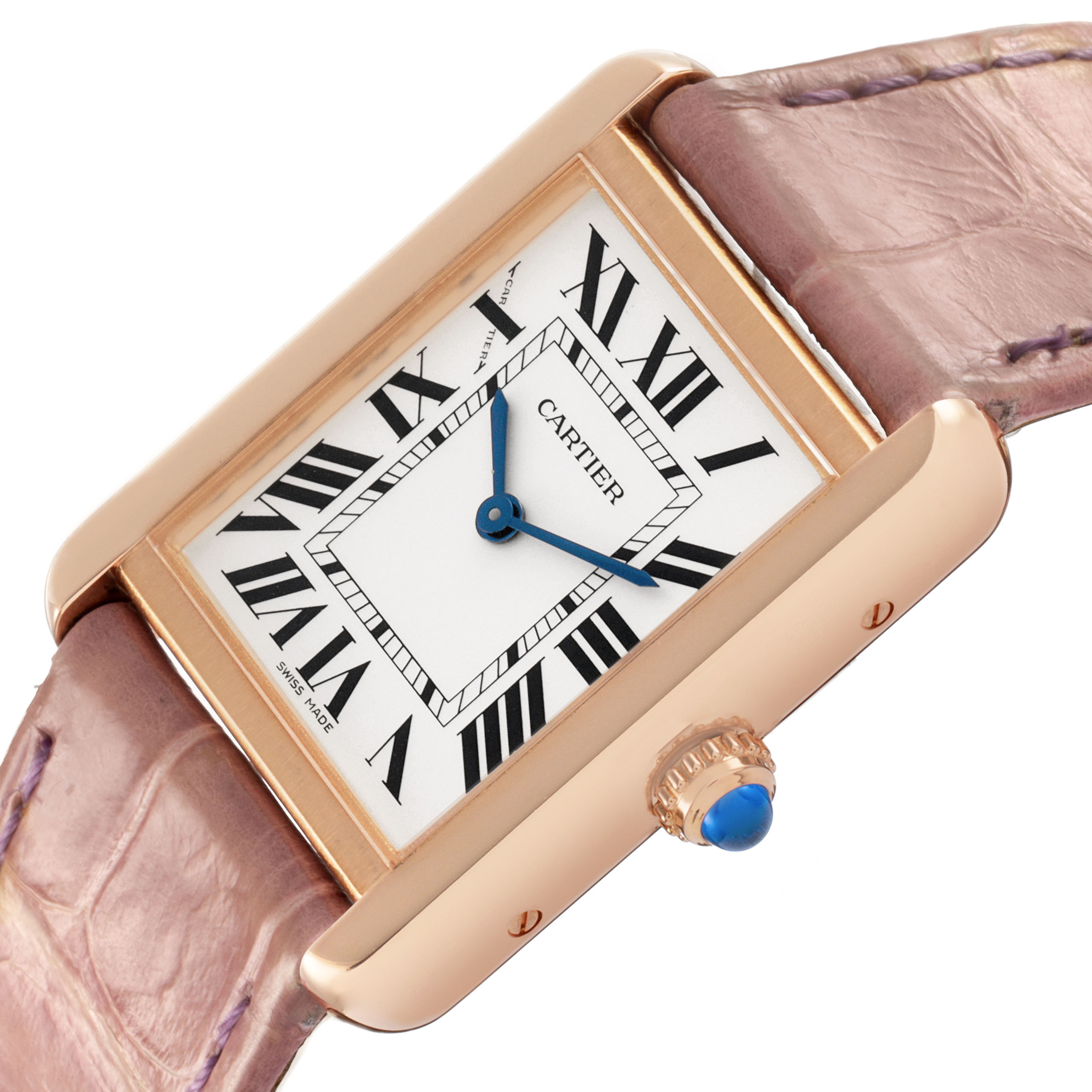 The Cartier Tank Solo W5200024 Women's Rose Gold Silver Dial watch is shown at an angle highlighting the face, Roman numerals, and crown with a leather strap.