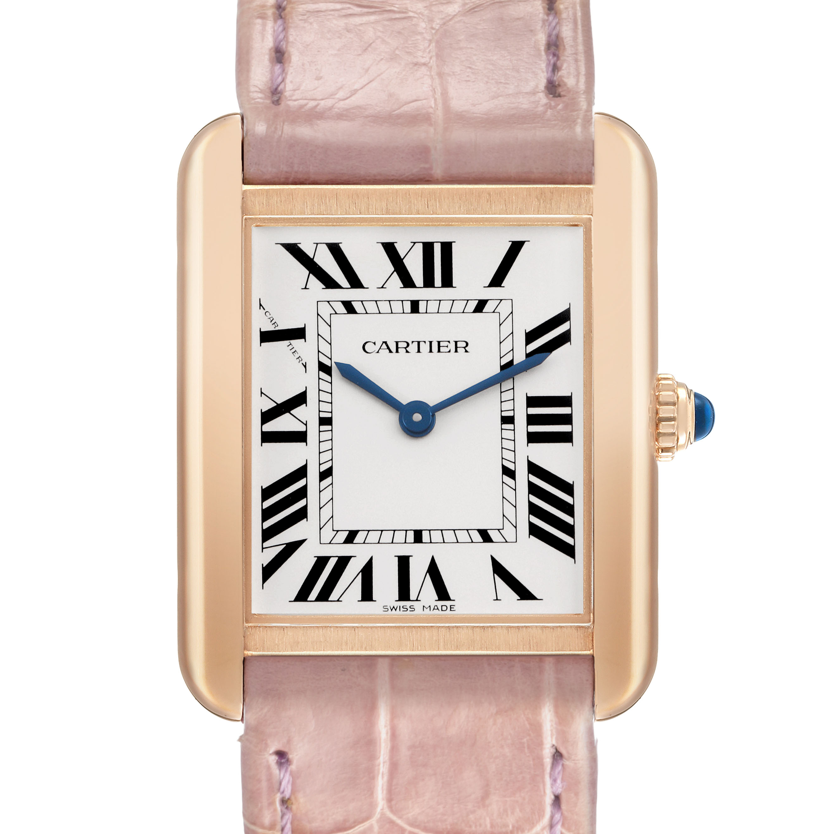 The Cartier Tank Solo W5200024 Women's Rose Gold Silver Dial watch is shown from the front, highlighting its rectangular face, Roman numerals, and pink leather strap.