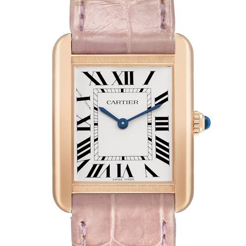 The Cartier Tank Solo W5200024 Women's Rose Gold Silver Dial watch is shown from the front, displaying the face, Roman numerals, and crown.