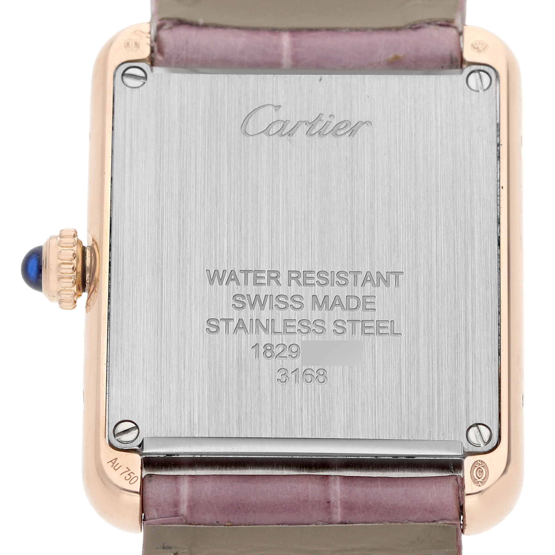 The image shows the back of a Cartier Tank Solo W5200024 Women's Rose Gold Silver Dial watch, highlighting the stainless steel case, inscriptions, and crown.