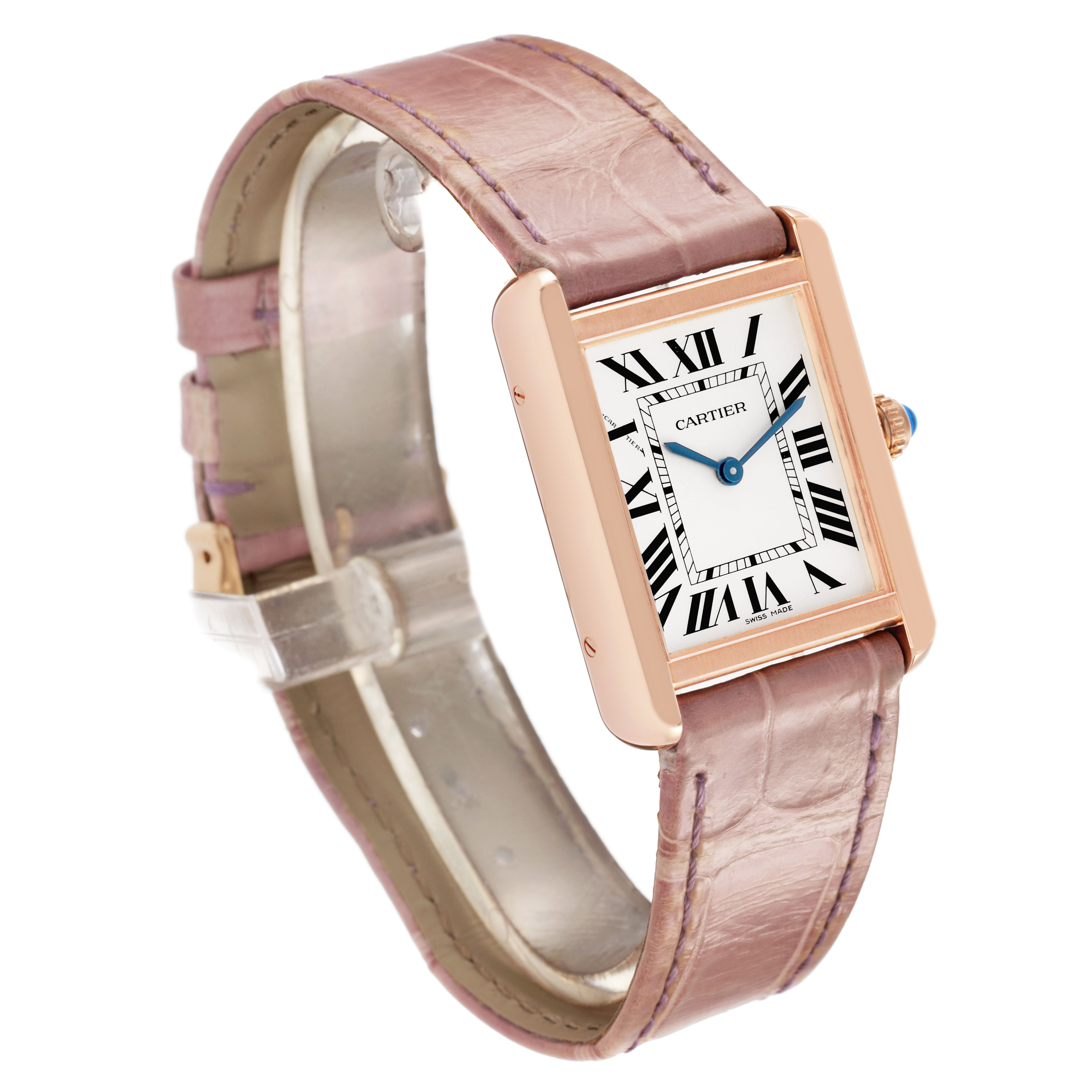 The Cartier Tank Solo W5200024 Women's Rose Gold Silver Dial watch is shown at an angled view, highlighting its face, crown, and leather strap.