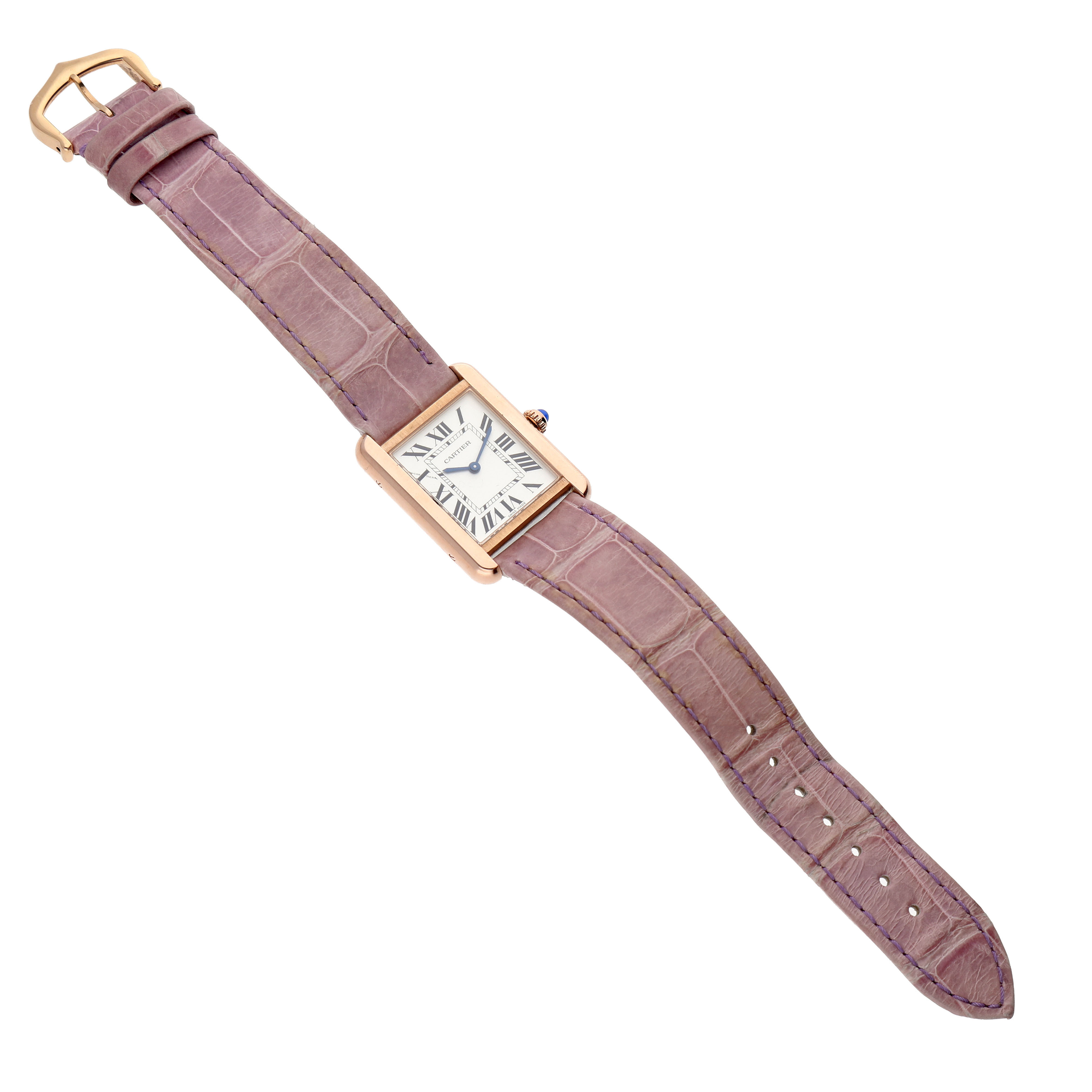 The Cartier Tank Solo W5200024 Women's Rose Gold Silver Dial watch is shown from a top-down angle, highlighting its rectangular face and purple leather strap.