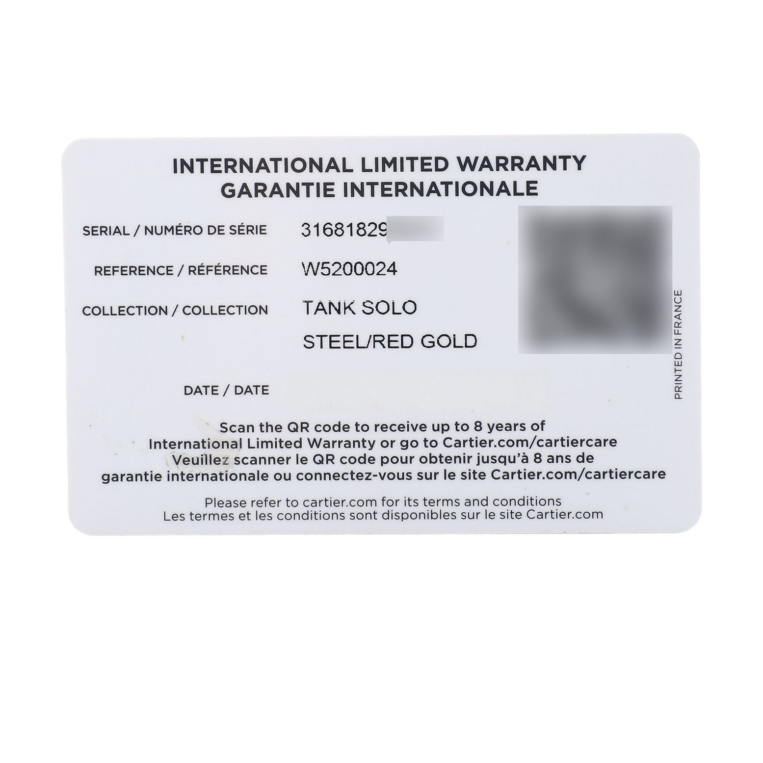 The image shows the international warranty card for a Cartier Tank Solo W5200024 Women's Rose Gold Silver Dial watch, featuring collection details and a QR code.