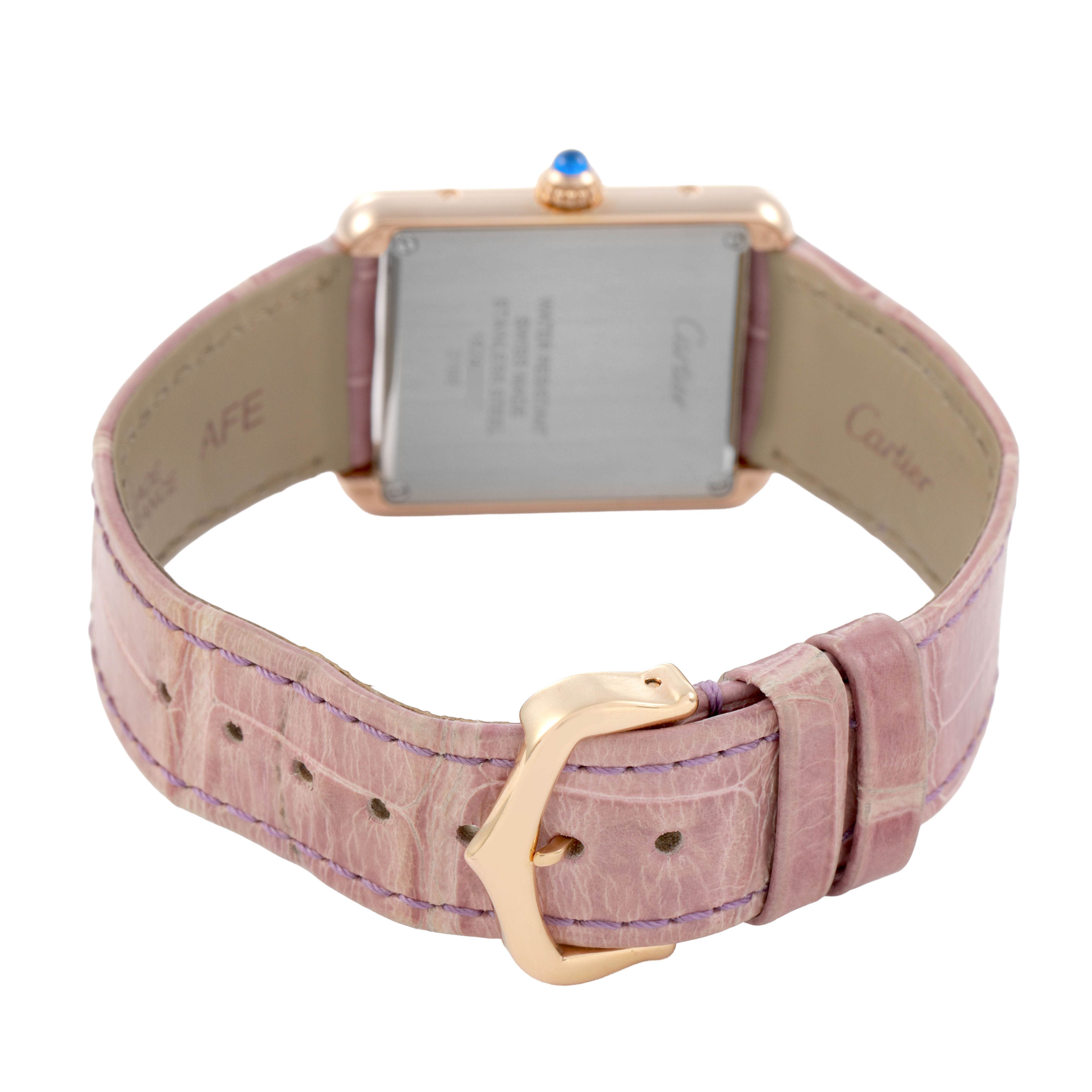 The Cartier Tank Solo W5200024 Women's Rose Gold Silver Dial watch is shown from the back, displaying its case, strap, and buckle.