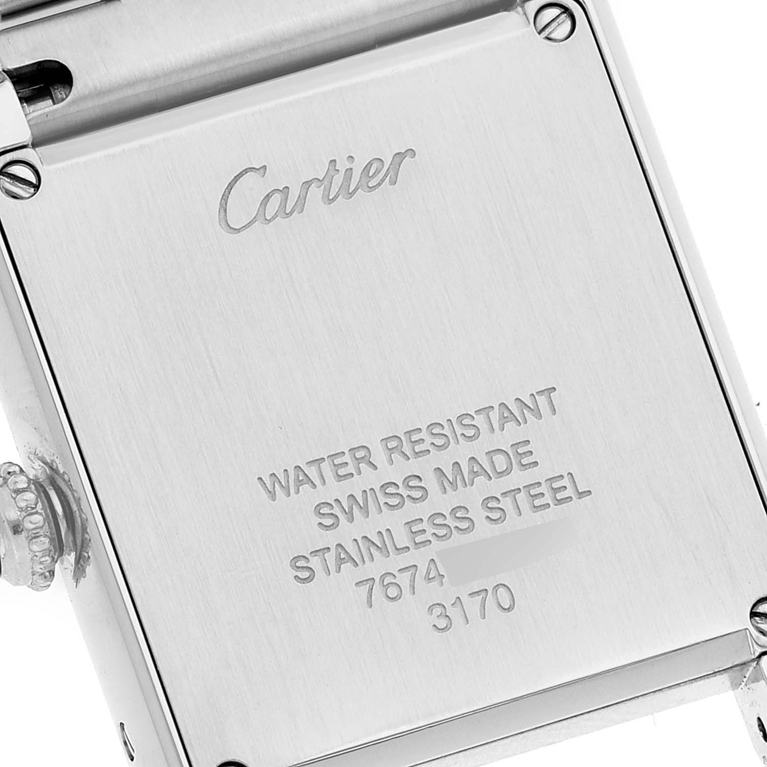 This image shows the back case of the Cartier Tank Solo W5200013 Women
s Stainless Steel Silver Dial W5200013 Women
s Stainless Steel Silver Dial watch, highlighting the brand name and specifications.