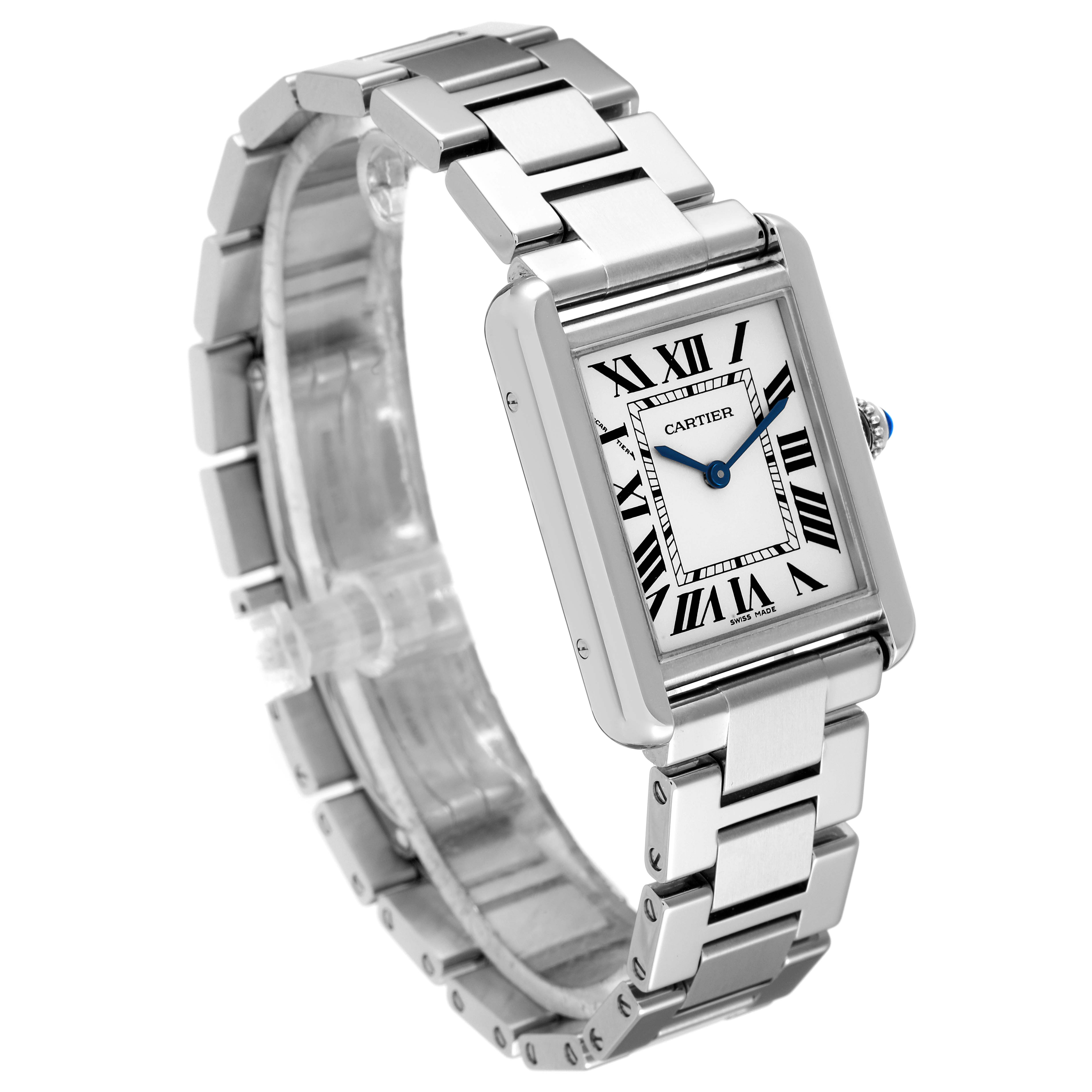 This image shows a three-quarter view of the Cartier Tank Solo W5200013 Women
s Stainless Steel Silver Dial W5200013 Women
s Stainless Steel Silver Dial watch, highlighting its rectangular face and metal bracelet.