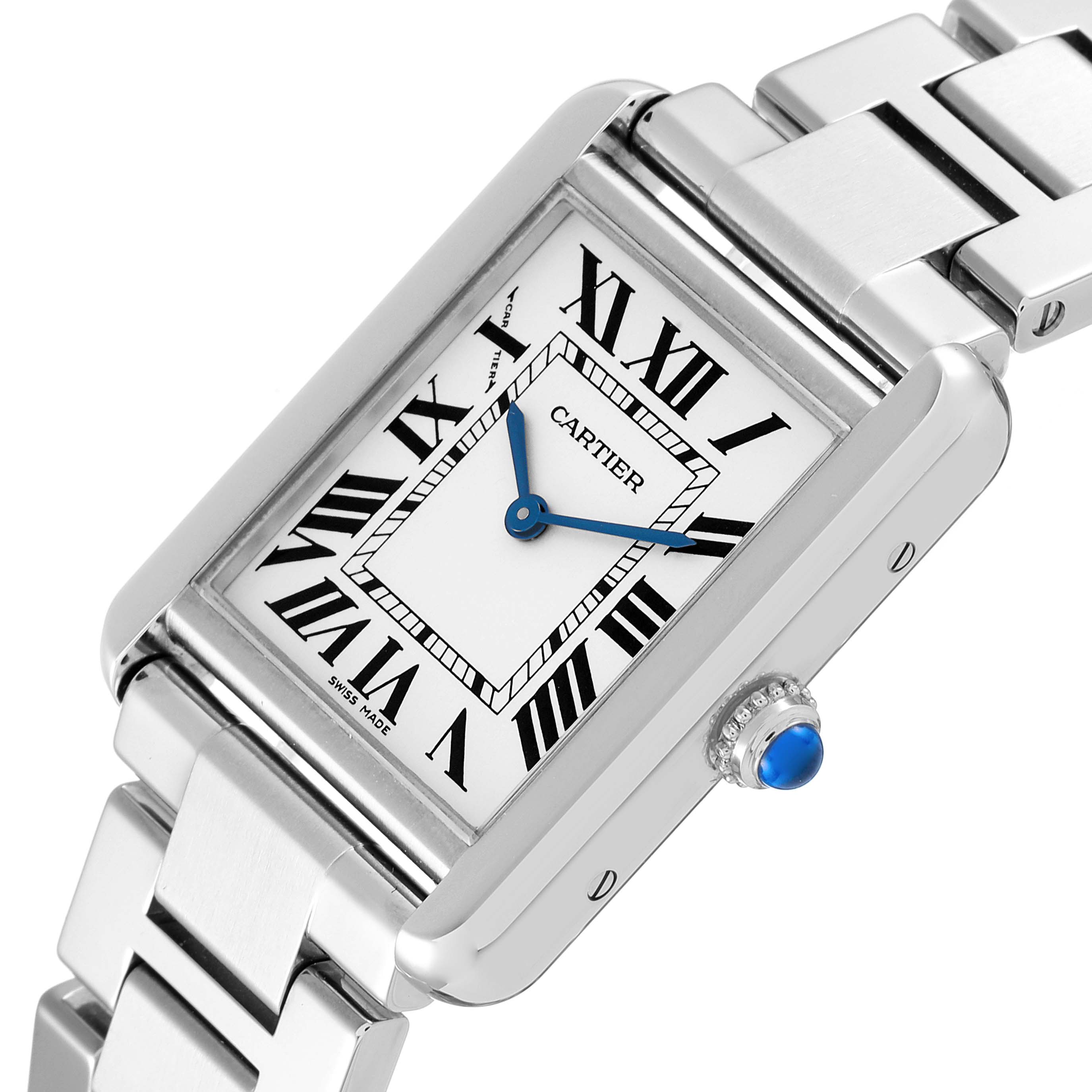 The image shows a close-up angle of the Cartier Tank Solo W5200013 Women
s Stainless Steel Silver Dial W5200013 Women
s Stainless Steel Silver Dial watch, featuring its rectangular dial, Roman numerals, blue hands, and metal bracelet.