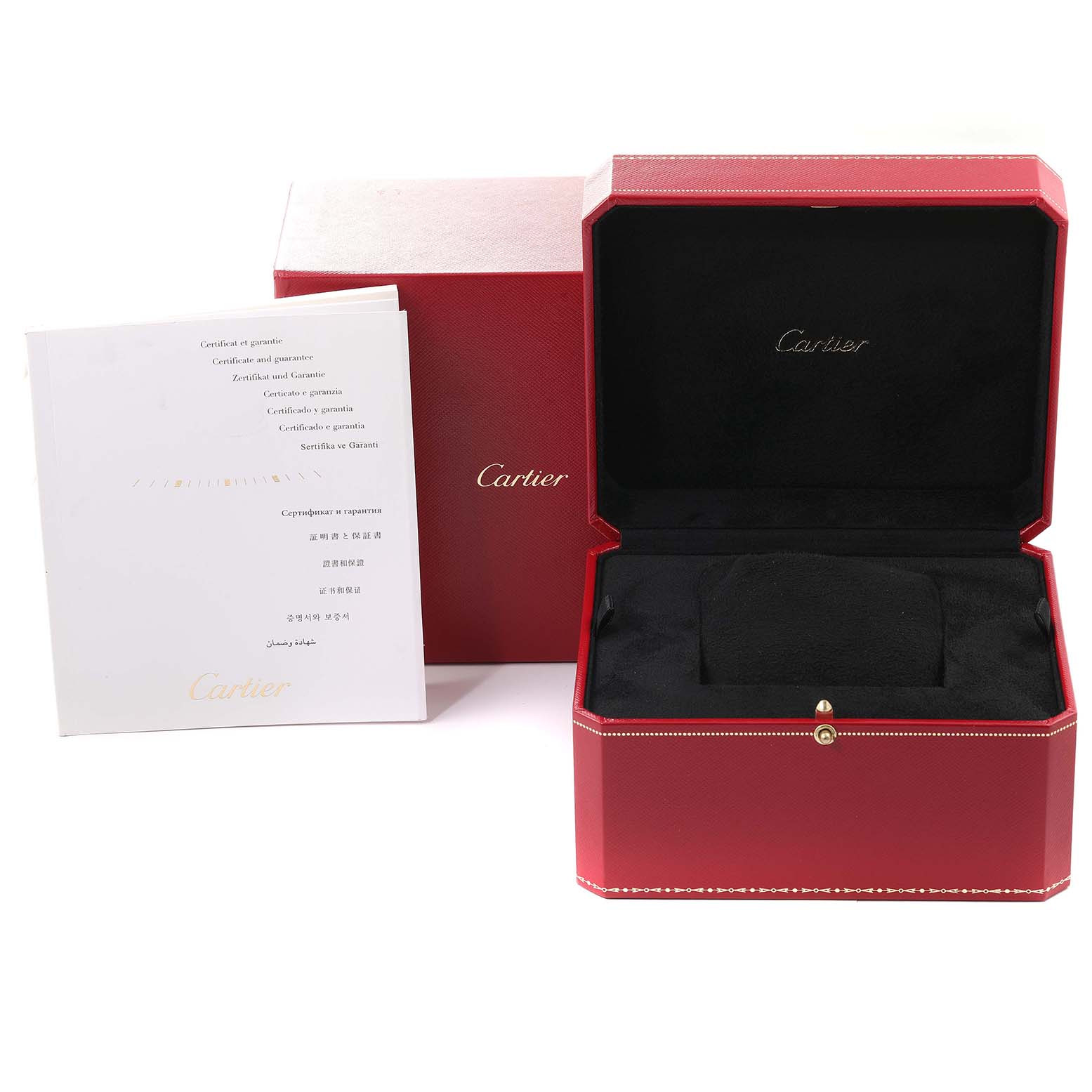 The image shows a Cartier Tank Solo W5200013 Women
s Stainless Steel Silver Dial W5200013 Women
s Stainless Steel Silver Dial watch box and paperwork from a frontal angle.