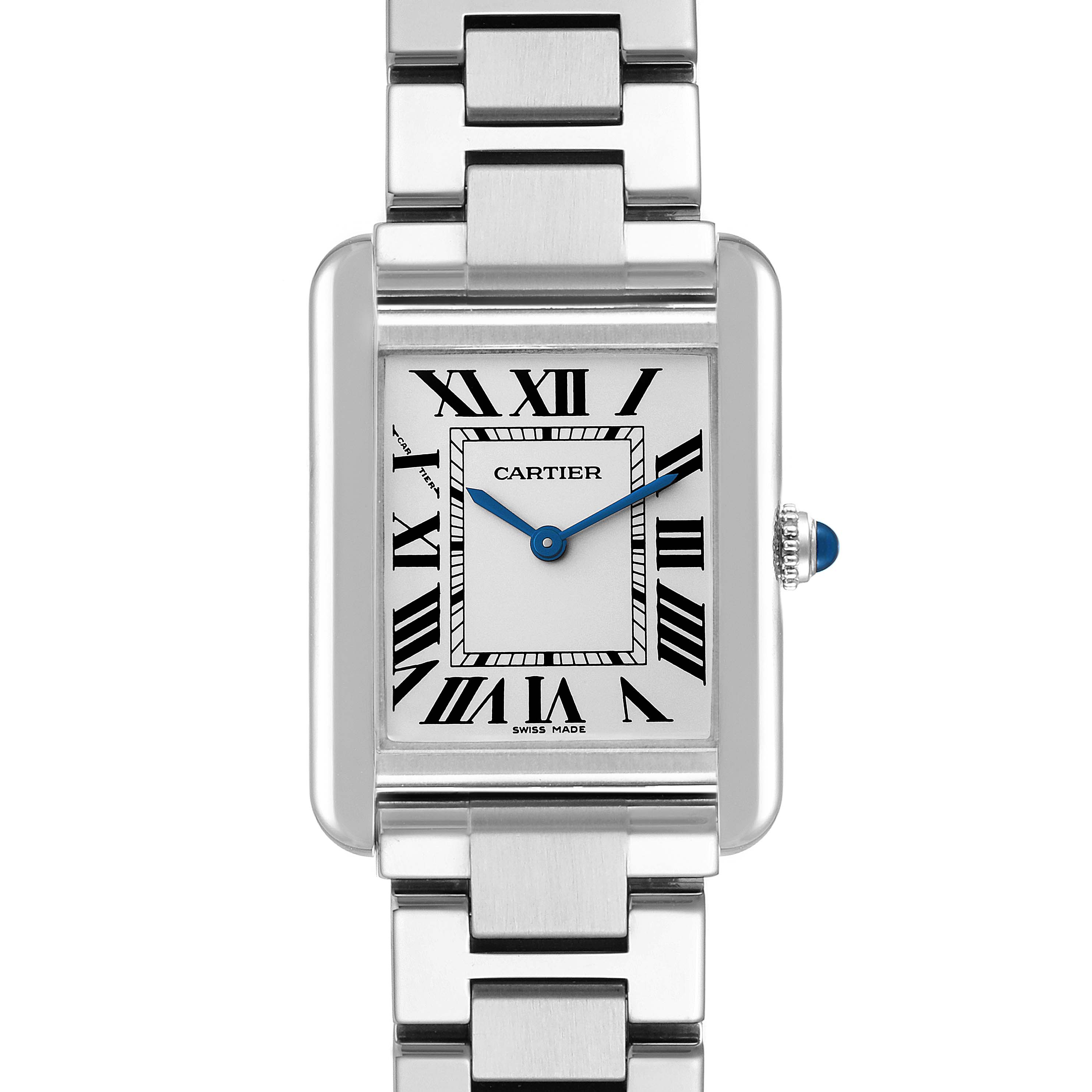 The image shows a front view of the Cartier Tank Solo W5200013 Women
s Stainless Steel Silver Dial W5200013 Women
s Stainless Steel Silver Dial watch, highlighting its face, Roman numerals, blue hands, and metal bracelet.