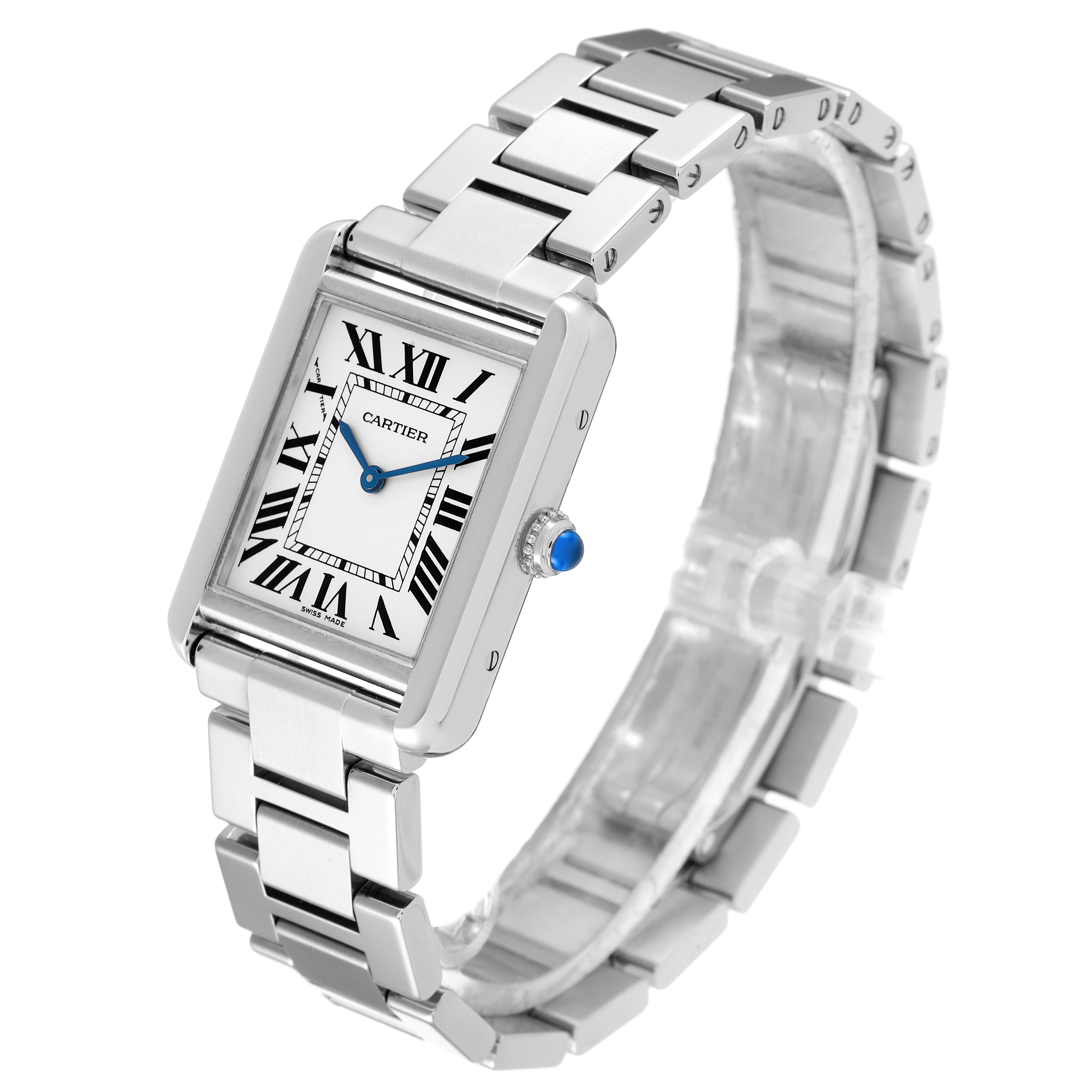 The image shows a Cartier Tank Solo W5200013 Women
s Stainless Steel Silver Dial W5200013 Women
s Stainless Steel Silver Dial watch from an angled view, highlighting the face, bracelet, and crown with a blue gemstone.
