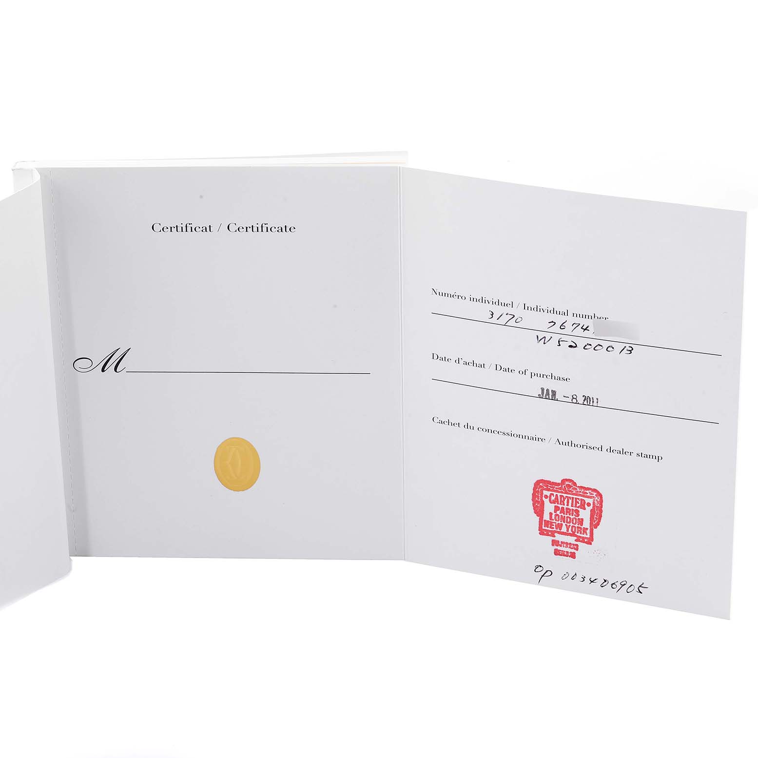 The image shows the Best Quality
ity certificate for the Cartier Tank Solo W5200013 Women
s Stainless Steel Silver Dial W5200013 Women
s Stainless Steel Silver Dial watch, displaying purchase details and dealer stamp.