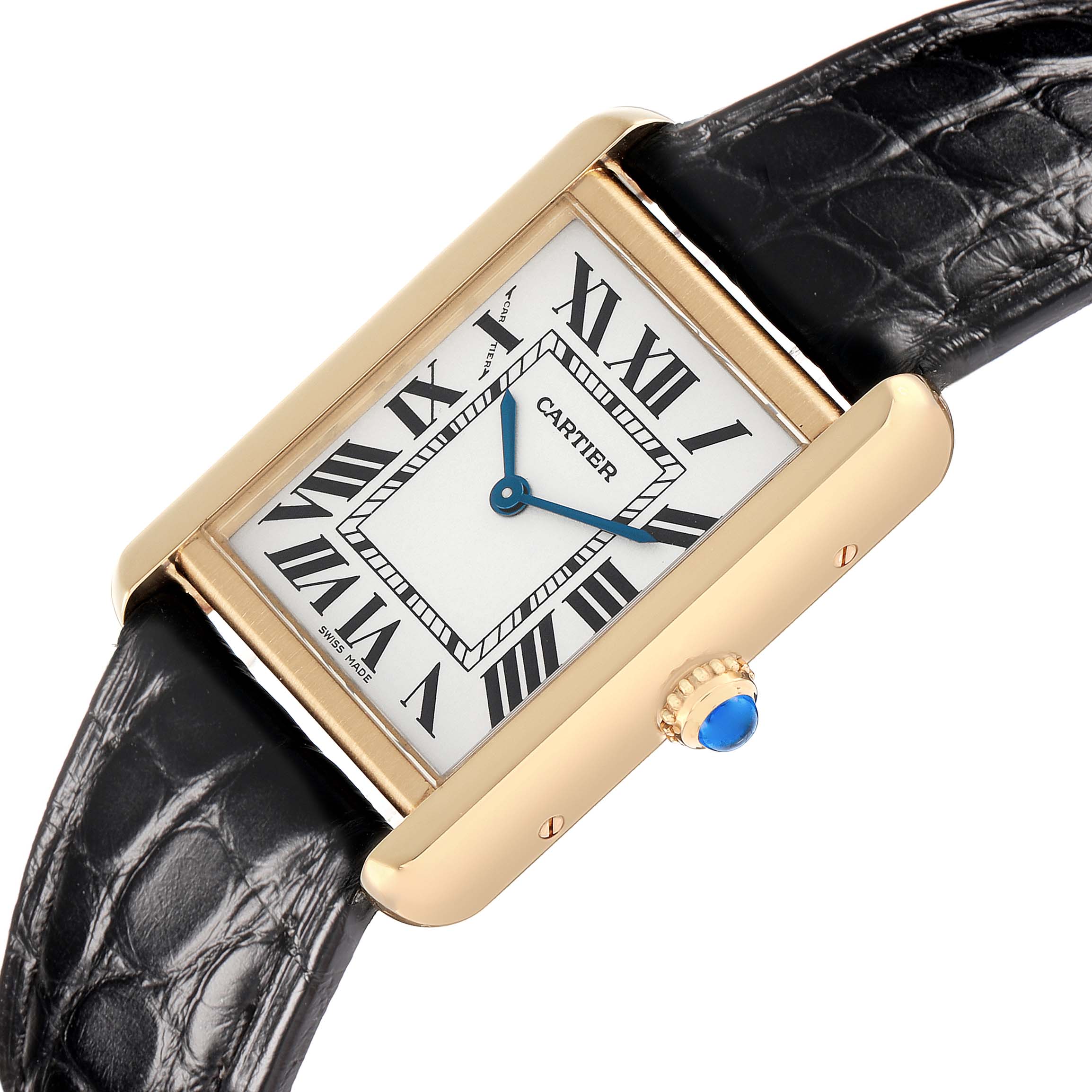 The Cartier Tank Solo W1018755 Women
s Steel and Gold (two tone) Silver Dial watch is shown at a tilted angle, displaying the rectangular face, Roman numerals, and blue cabochon crown.