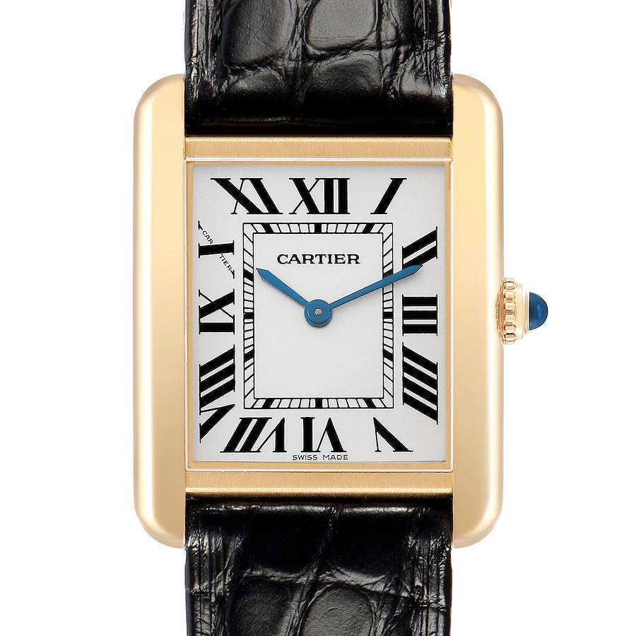 The Cartier Tank Solo W1018755 Women's Steel and Gold (two tone) Silver Dial watch is shown from the front, highlighting its rectangular face, Roman numerals, and leather strap.
