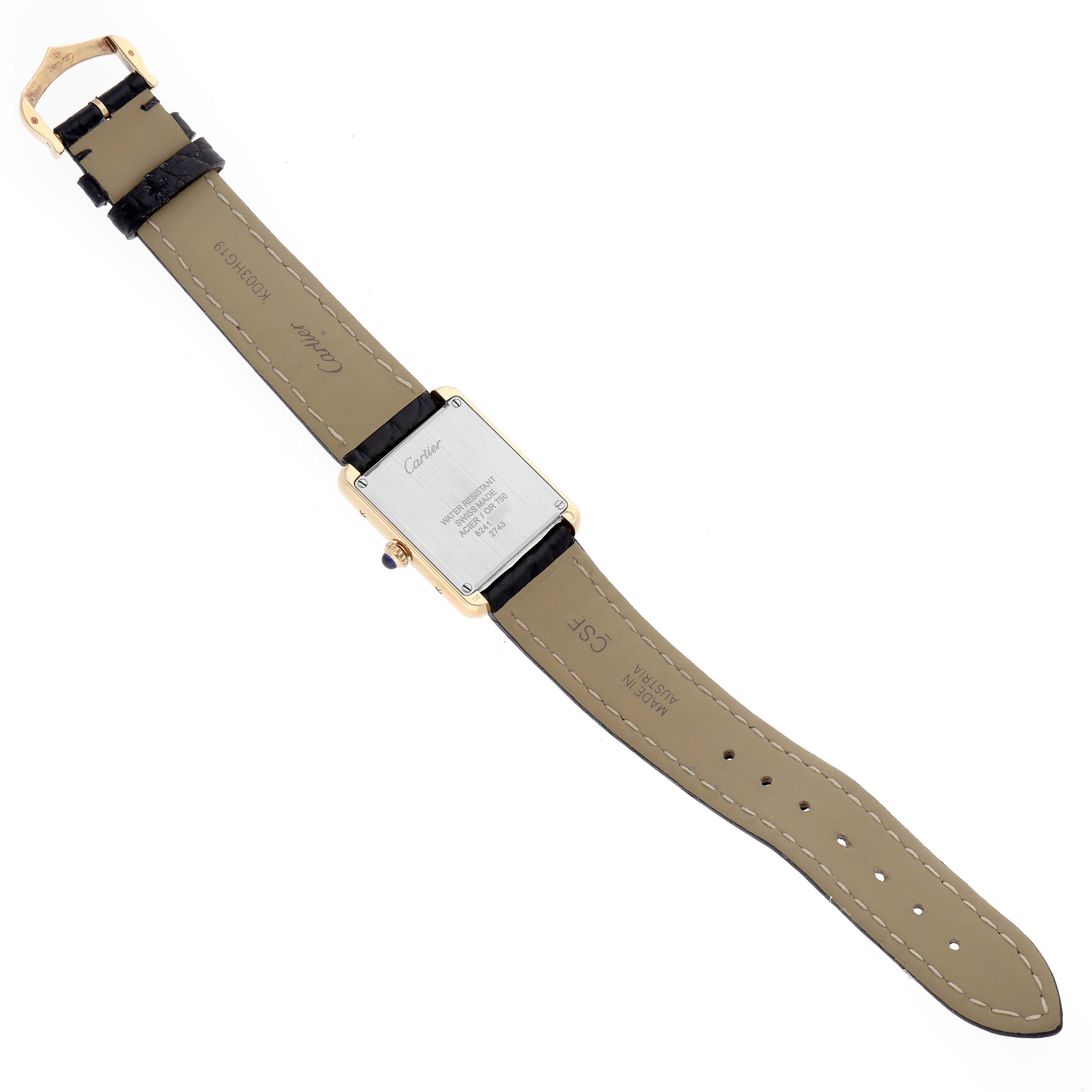 The image shows the back view of a Cartier Tank Solo W1018755 Women
s Steel and Gold (two tone) Silver Dial watch, highlighting the case back, buckle, and leather strap.