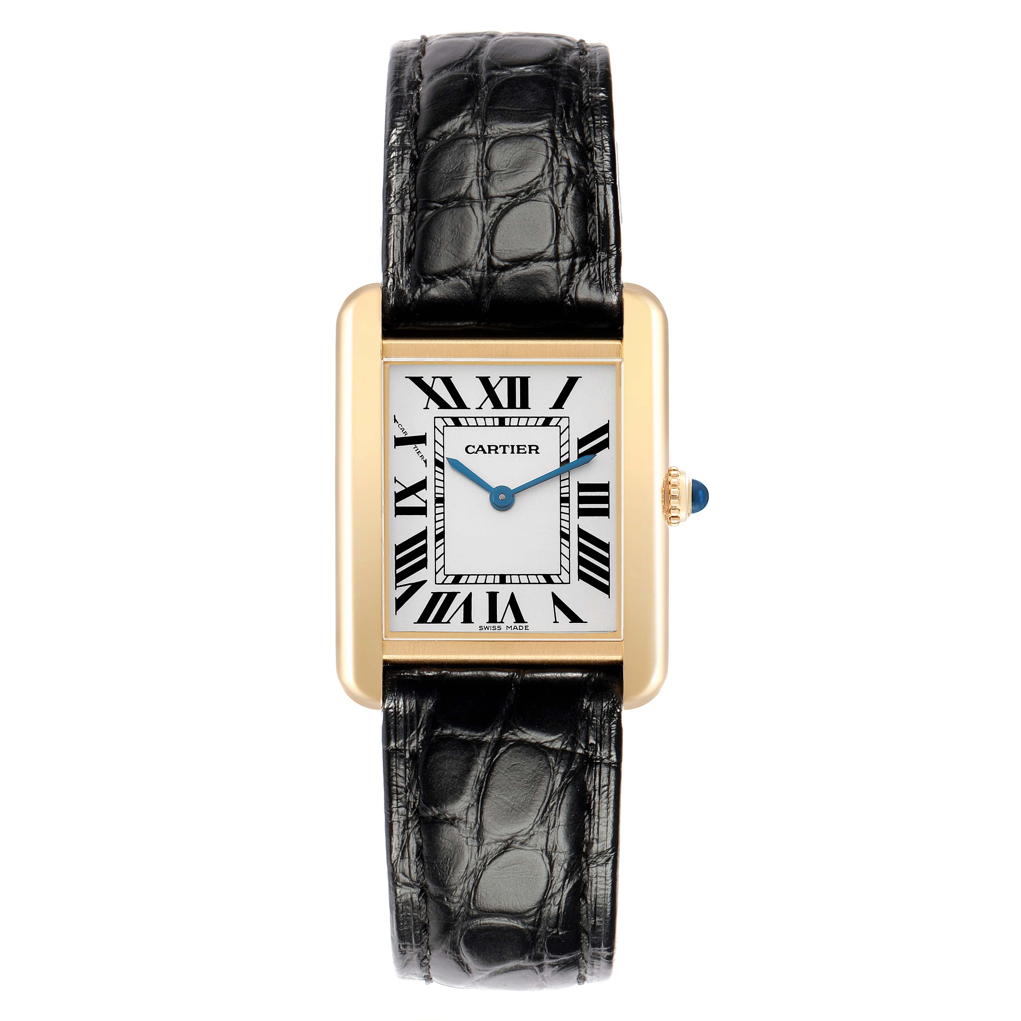 The Cartier Tank Solo W1018755 Women
s Steel and Gold (two tone) Silver Dial watch is shown from a front angle, displaying its rectangular face, Roman numerals, and black leather strap.