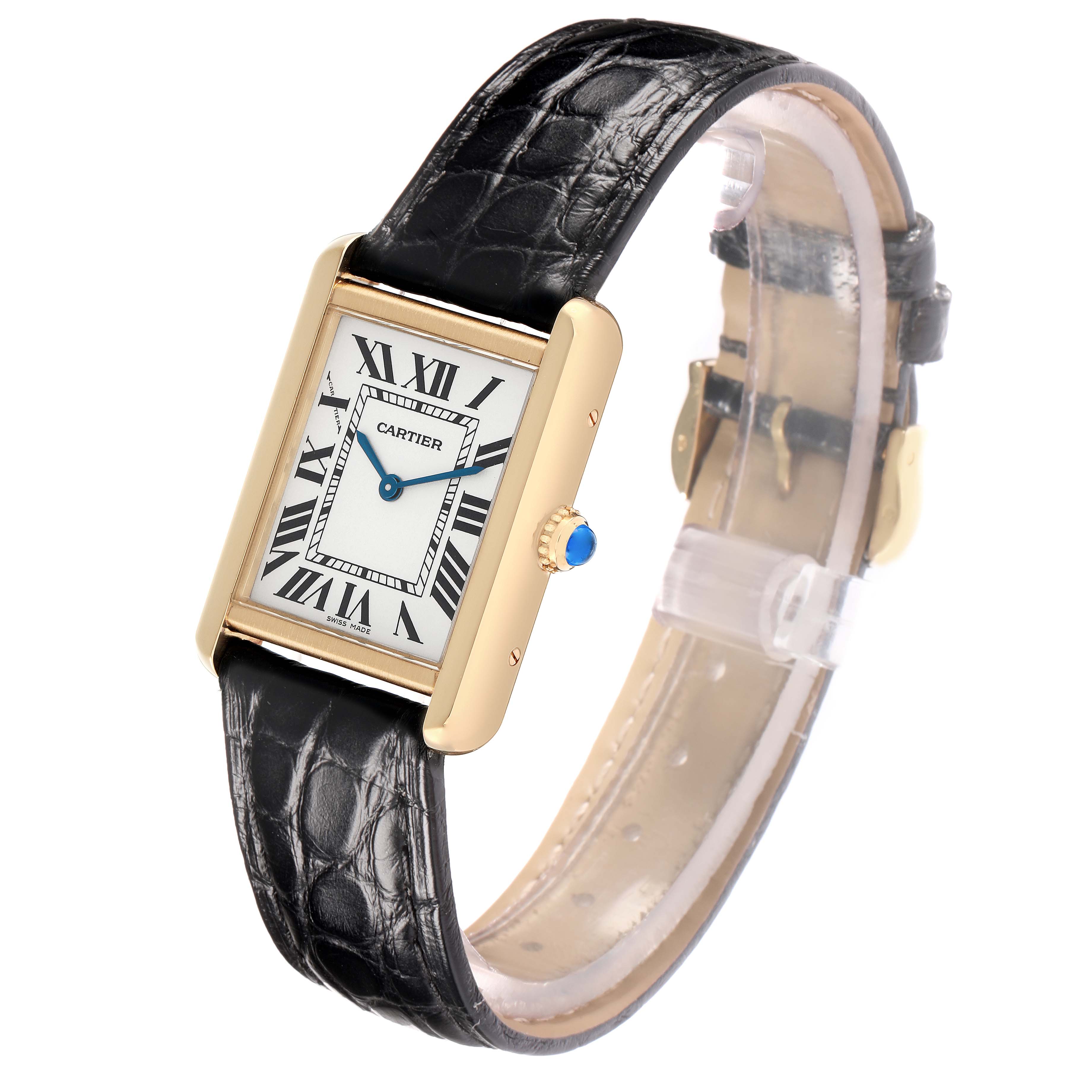 The Cartier Tank Solo W1018755 Women
s Steel and Gold (two tone) Silver Dial watch is shown at a slight angle highlighting the face, crown, and leather strap.