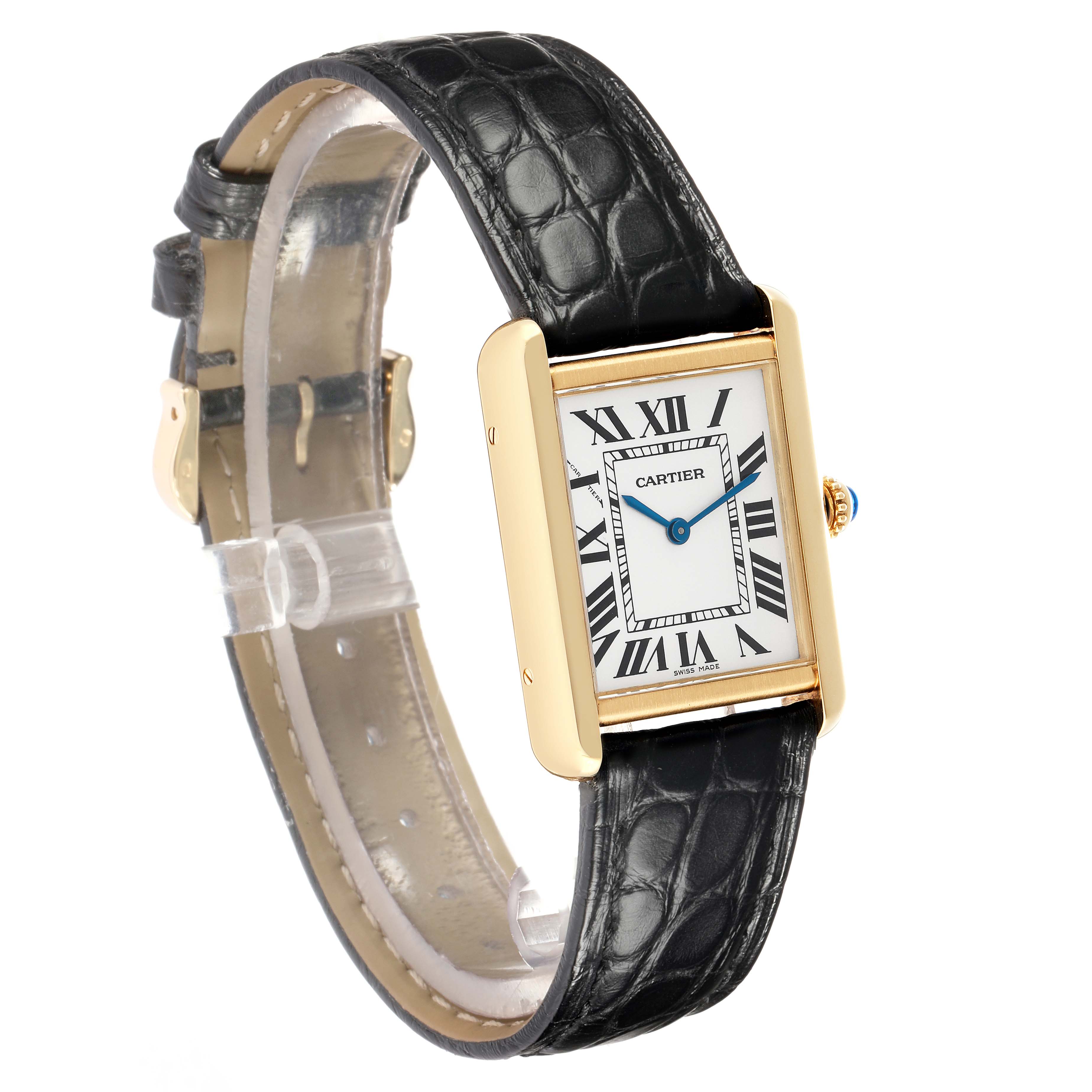The Cartier Tank Solo W1018755 Women
s Steel and Gold (two tone) Silver Dial watch is shown at an angled side view, displaying the face, crown, and strap.