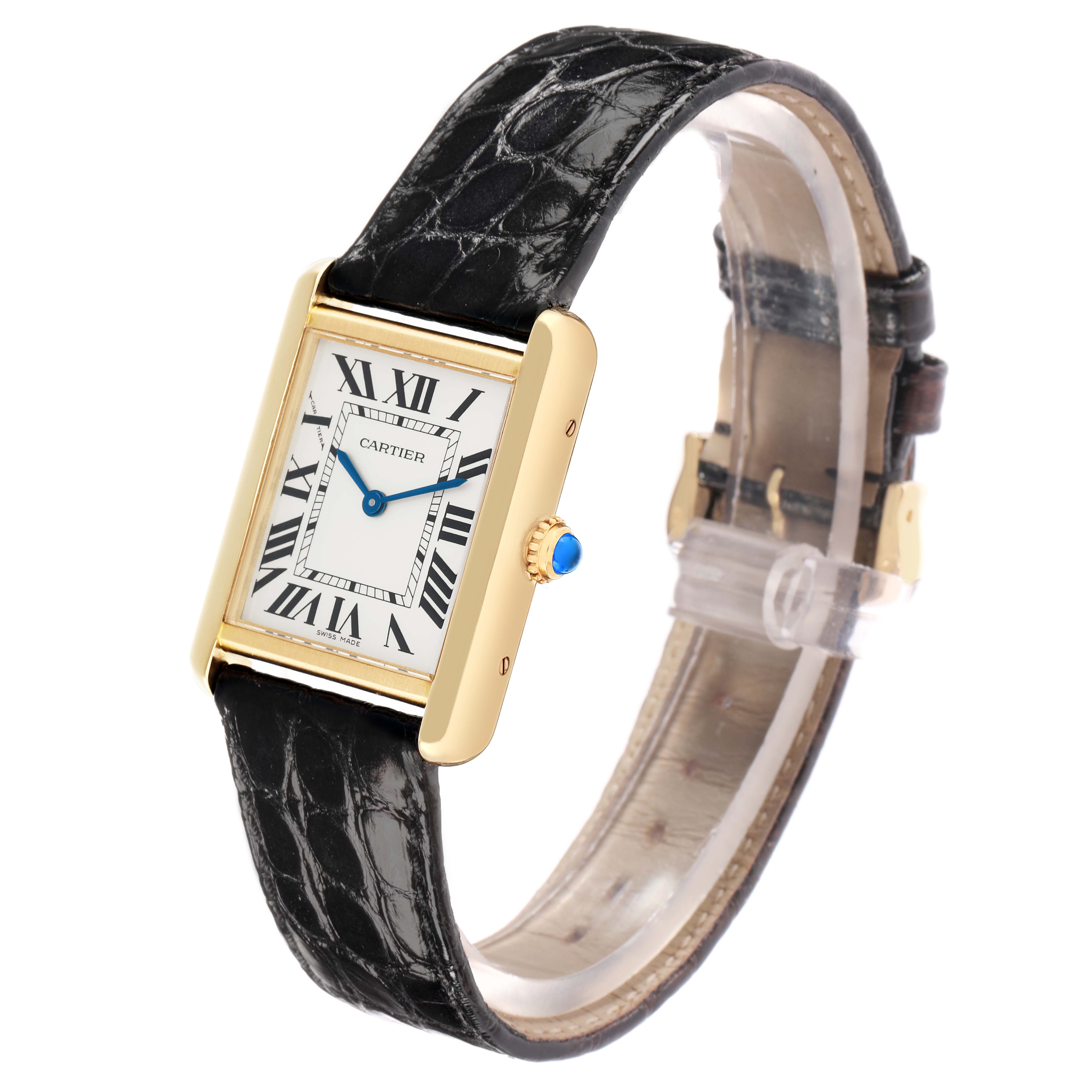 The Cartier Tank Solo W5200002 Women
s Steel and Gold (two tone) Silver Dial watch is shown at an angle highlighting the face, bezel, crown, and leather strap.