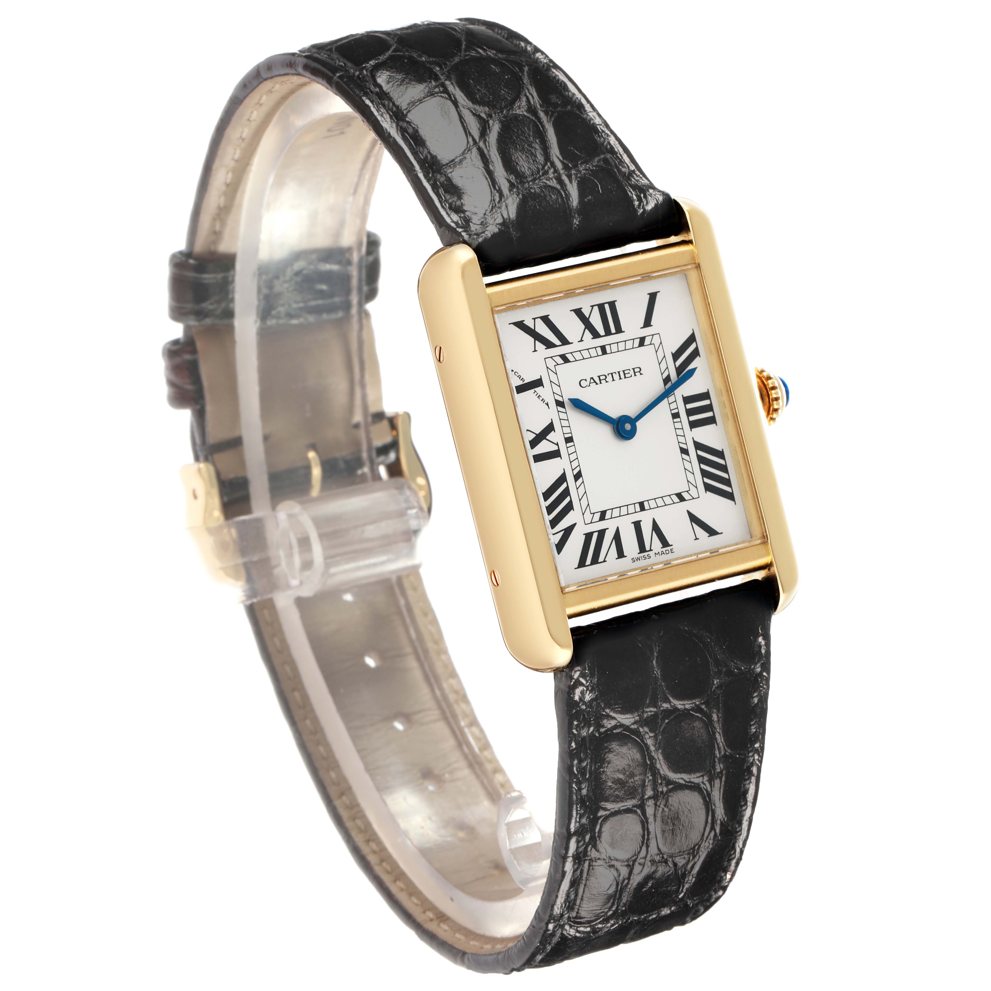 The Cartier Tank Solo W5200002 Women
s Steel and Gold (two tone) Silver Dial watch is shown at a three-quarter angle, displaying its rectangular face, gold case, and black leather strap.