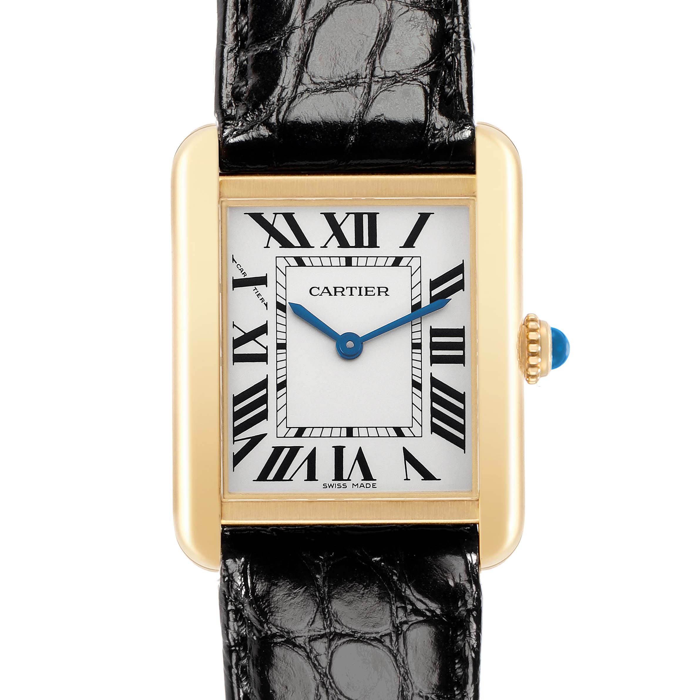 The Cartier Tank Solo W5200002 Women
s Steel and Gold (two tone) Silver Dial watch is shown from the front, highlighting the face, gold case, black Roman numerals, and blue hands.