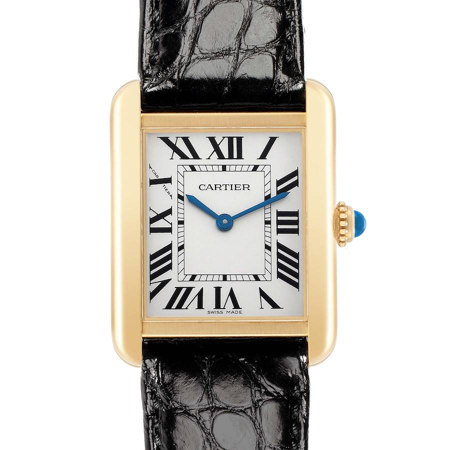 The Cartier Tank Solo W5200002 Women's Steel and Gold (two tone) Silver Dial watch is shown from the front, highlighting the face, gold case, black Roman numerals, and blue hands.