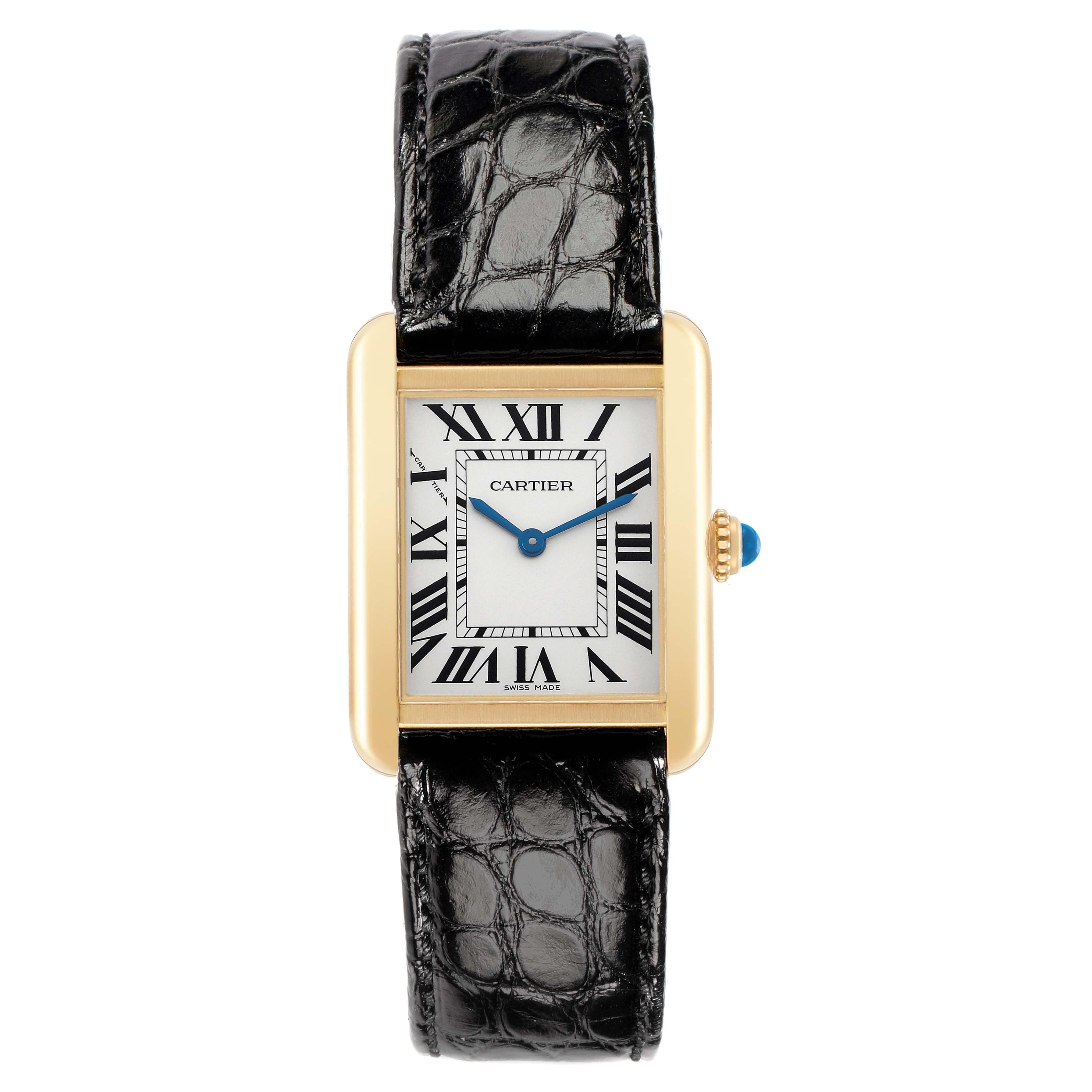 The Cartier Tank Solo W5200002 Women
s Steel and Gold (two tone) Silver Dial watch is shown from a front angle, displaying the dial, leather strap, and crown.