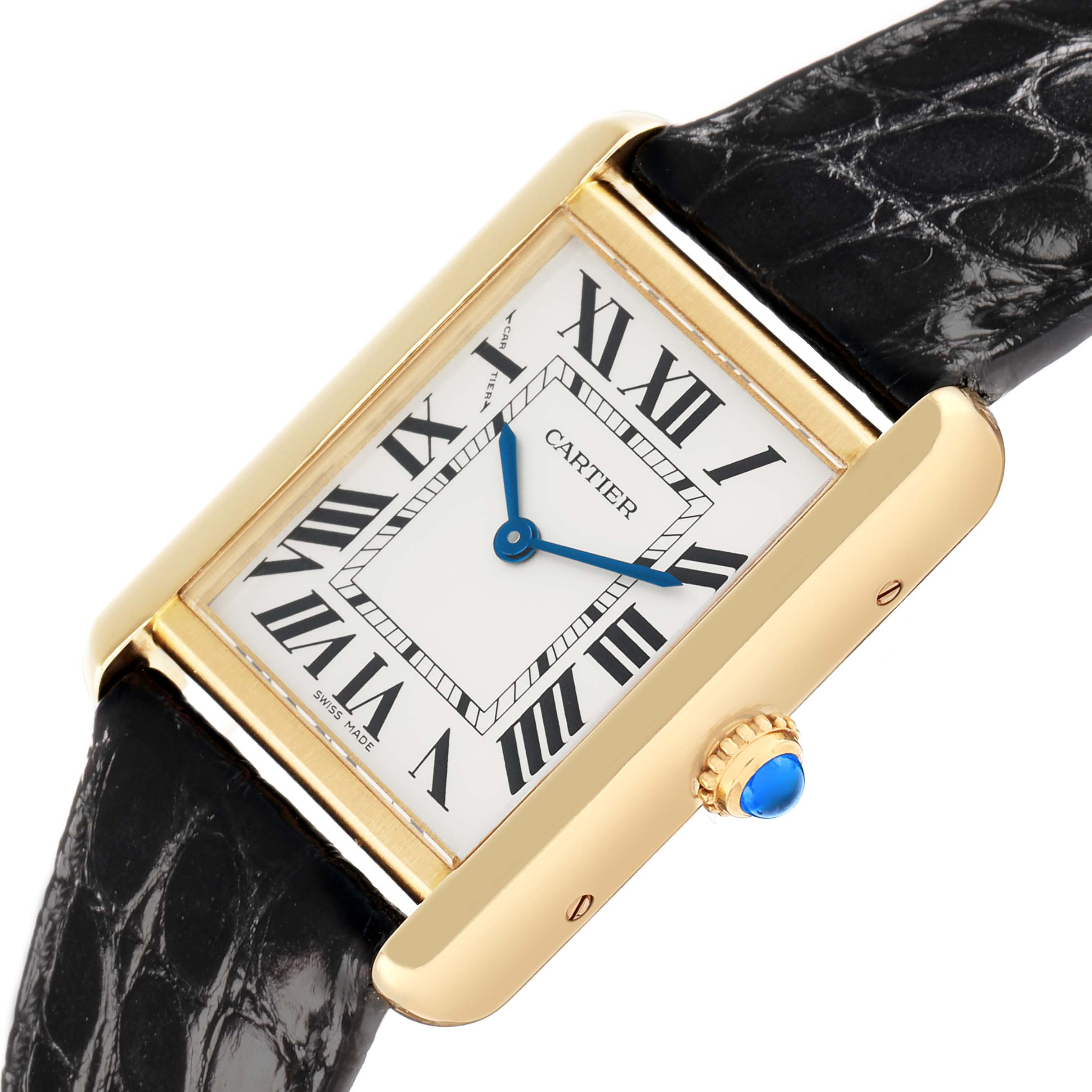 The Cartier Tank Solo W5200002 Women
s Steel and Gold (two tone) Silver Dial watch is shown at an angled view, highlighting the gold case, Roman numeral dial, blue hands, and black leather strap.