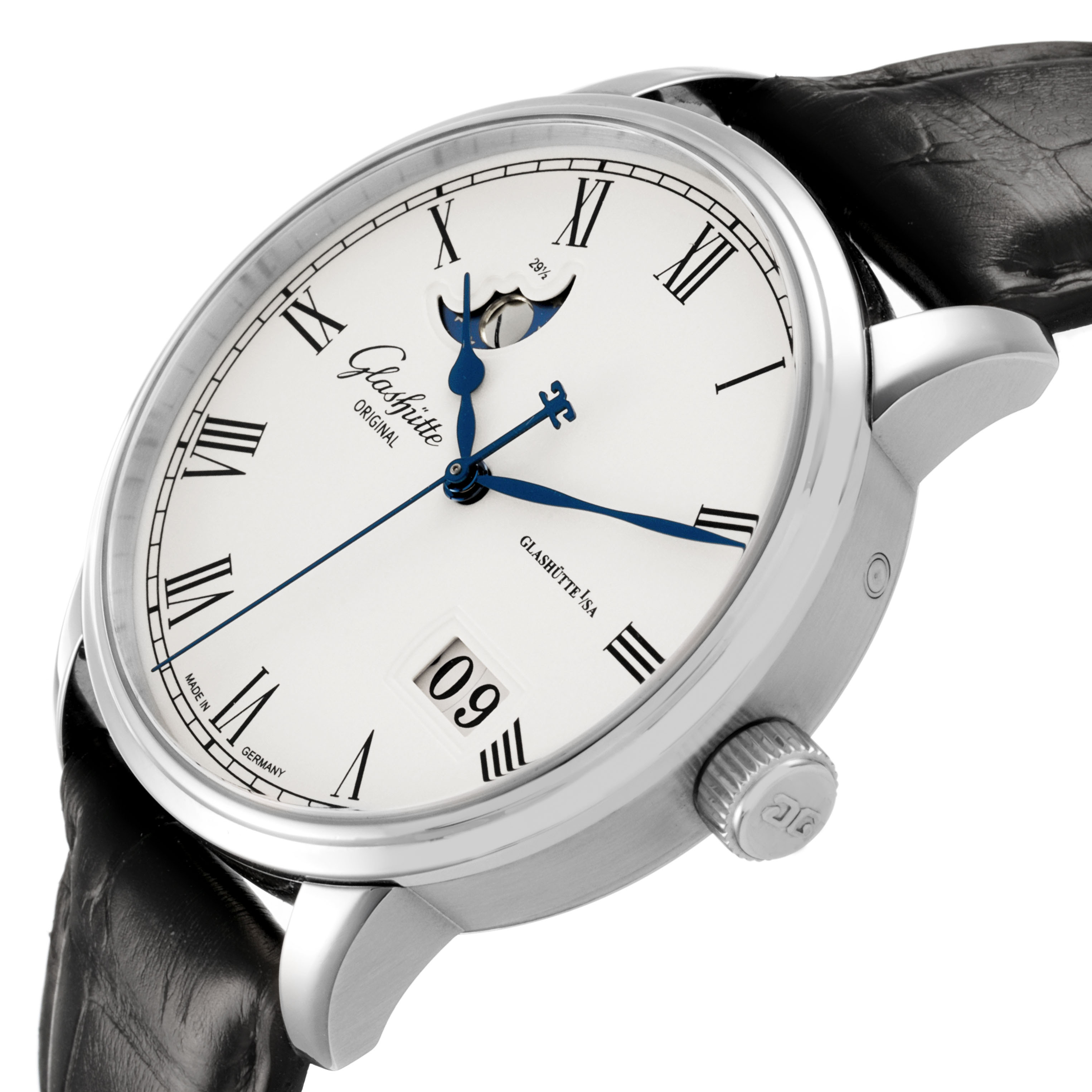 The Glashütte Original watch is angled to show the face, including the moonphase, Roman numerals, and crown.