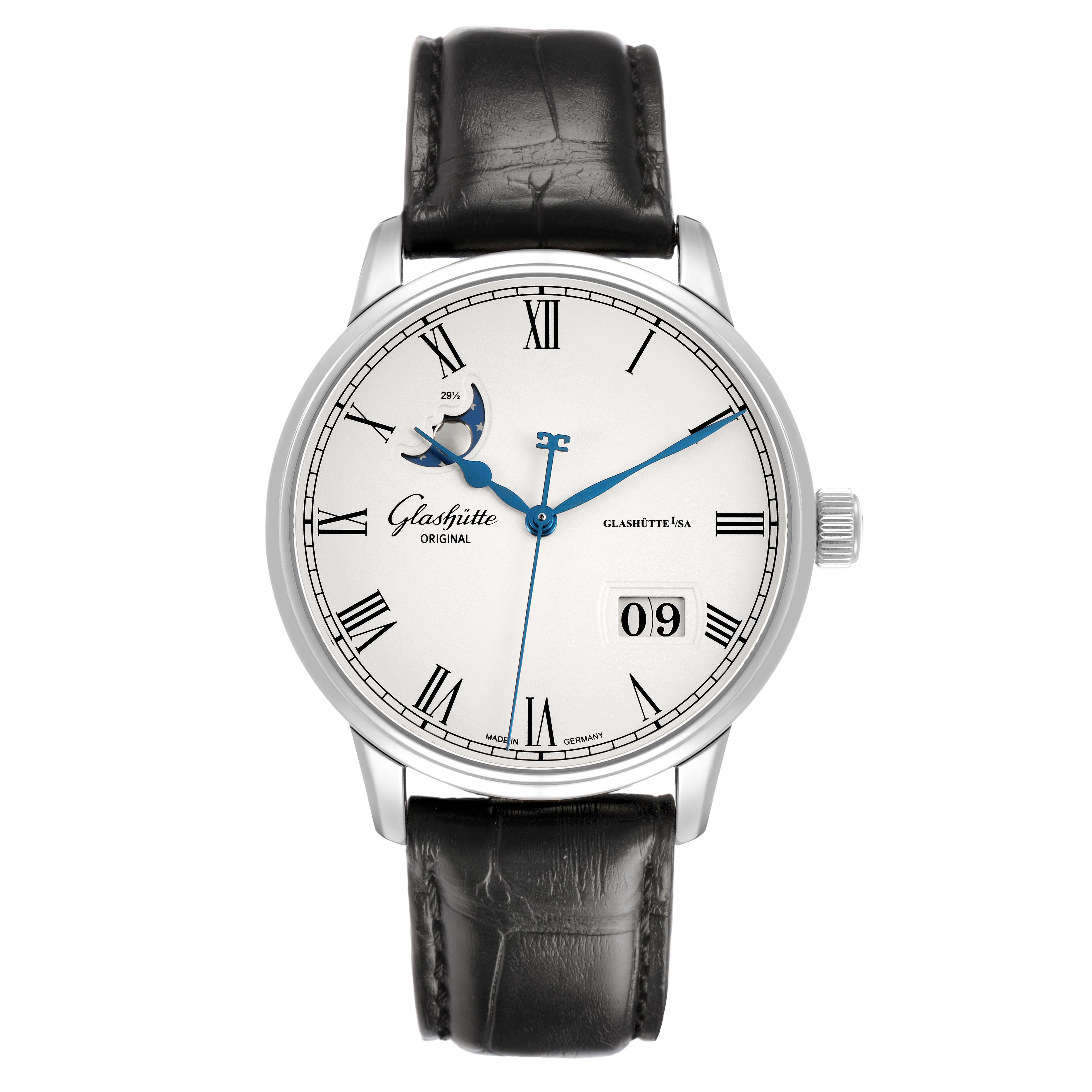 The Glashütte Original model is shown from a front angle, highlighting the dial, Roman numerals, and leather strap.
