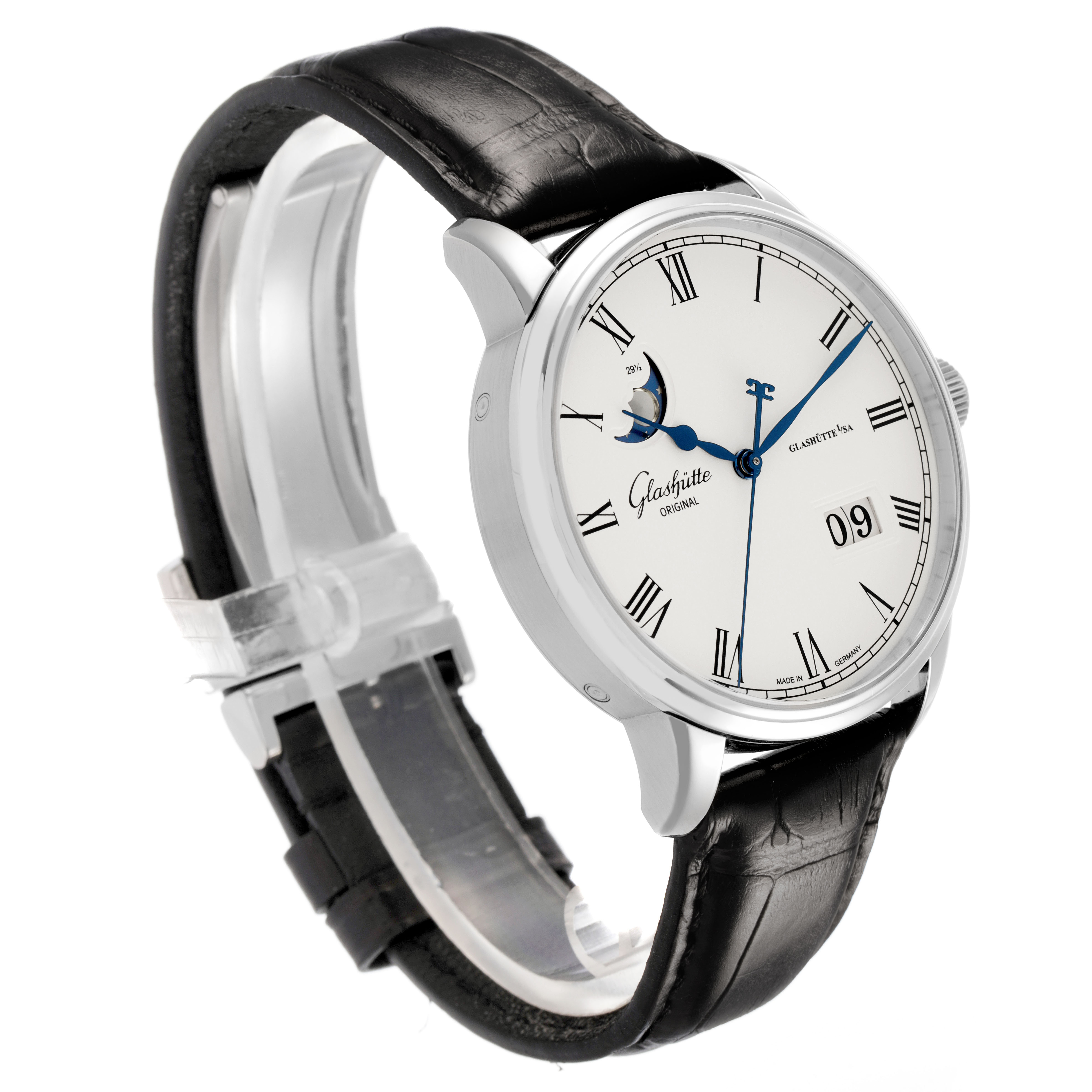The Glashütte Original model watch is shown at a side angle, displaying the dial, strap, and crown.
