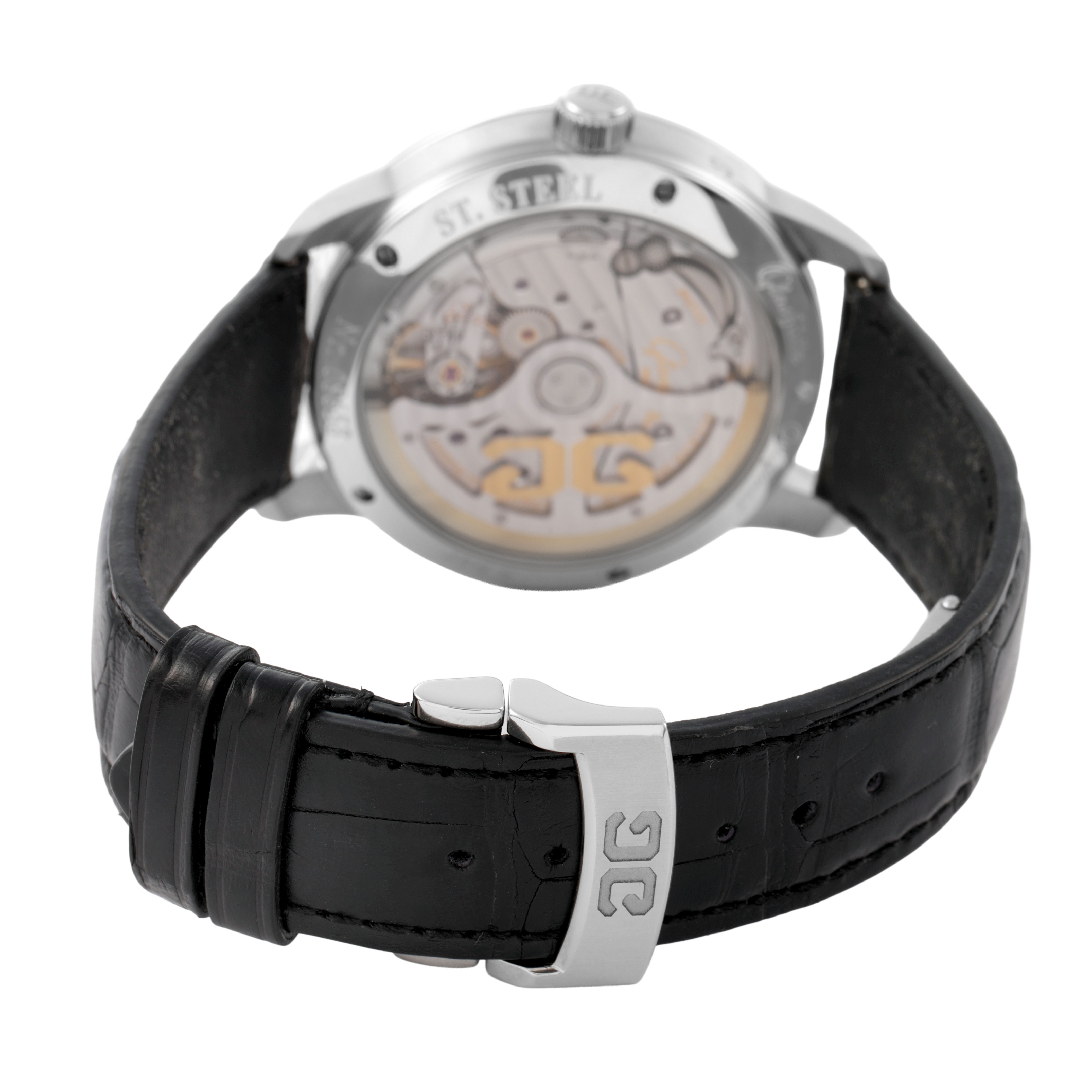 The image shows the back of the Glashütte Original watch, featuring the movement and leather strap with a clasp.