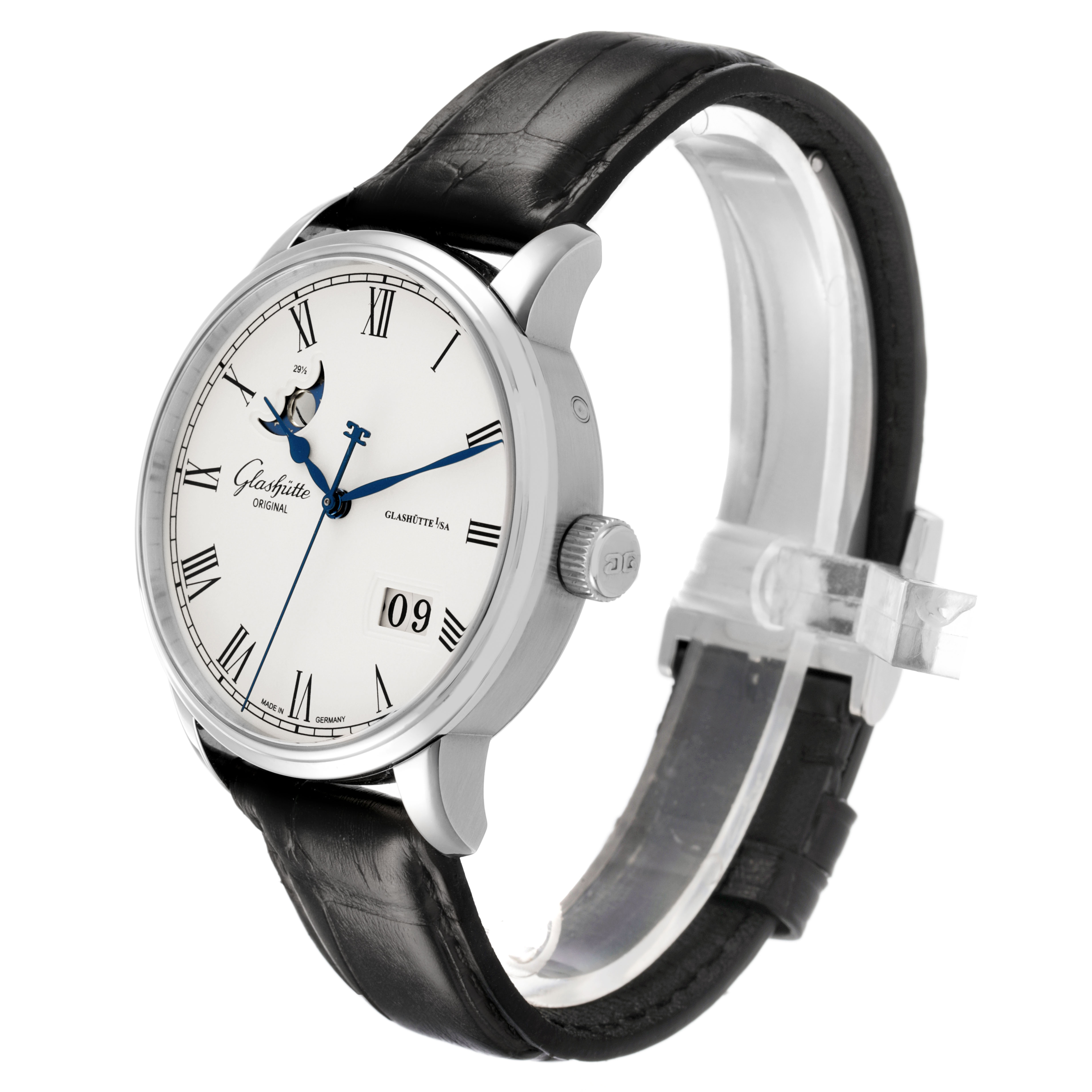 The Glashütte Original watch is shown at a three-quarter angle, revealing the face, crown, and leather strap.