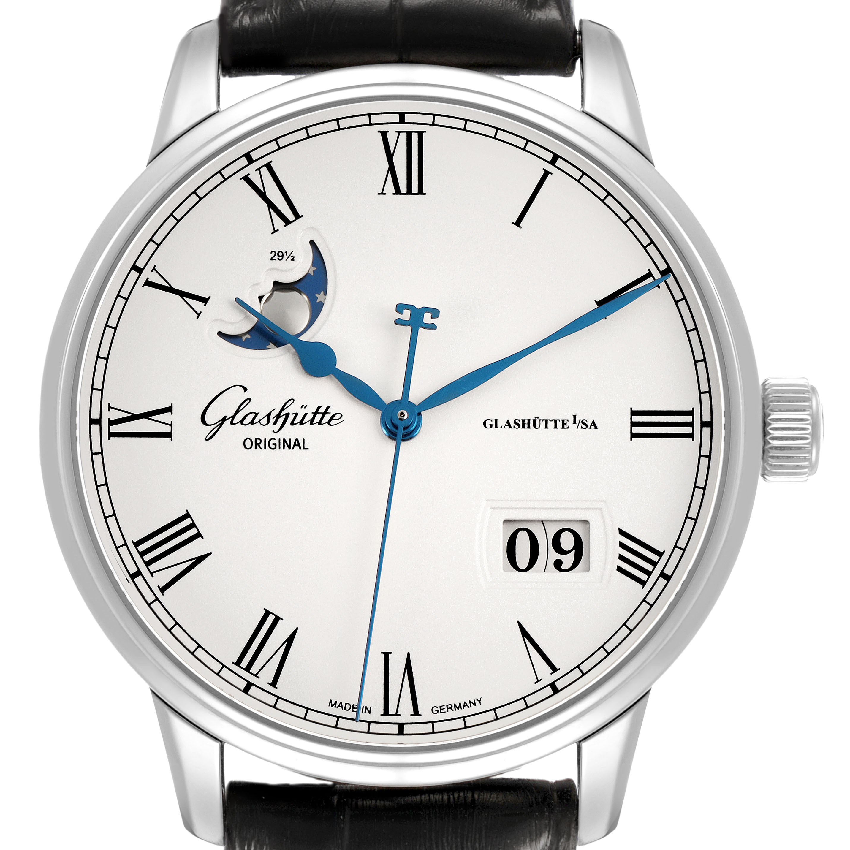 The Glashütte Original watch is shown from a front angle, highlighting its face, moon phase, and date window.