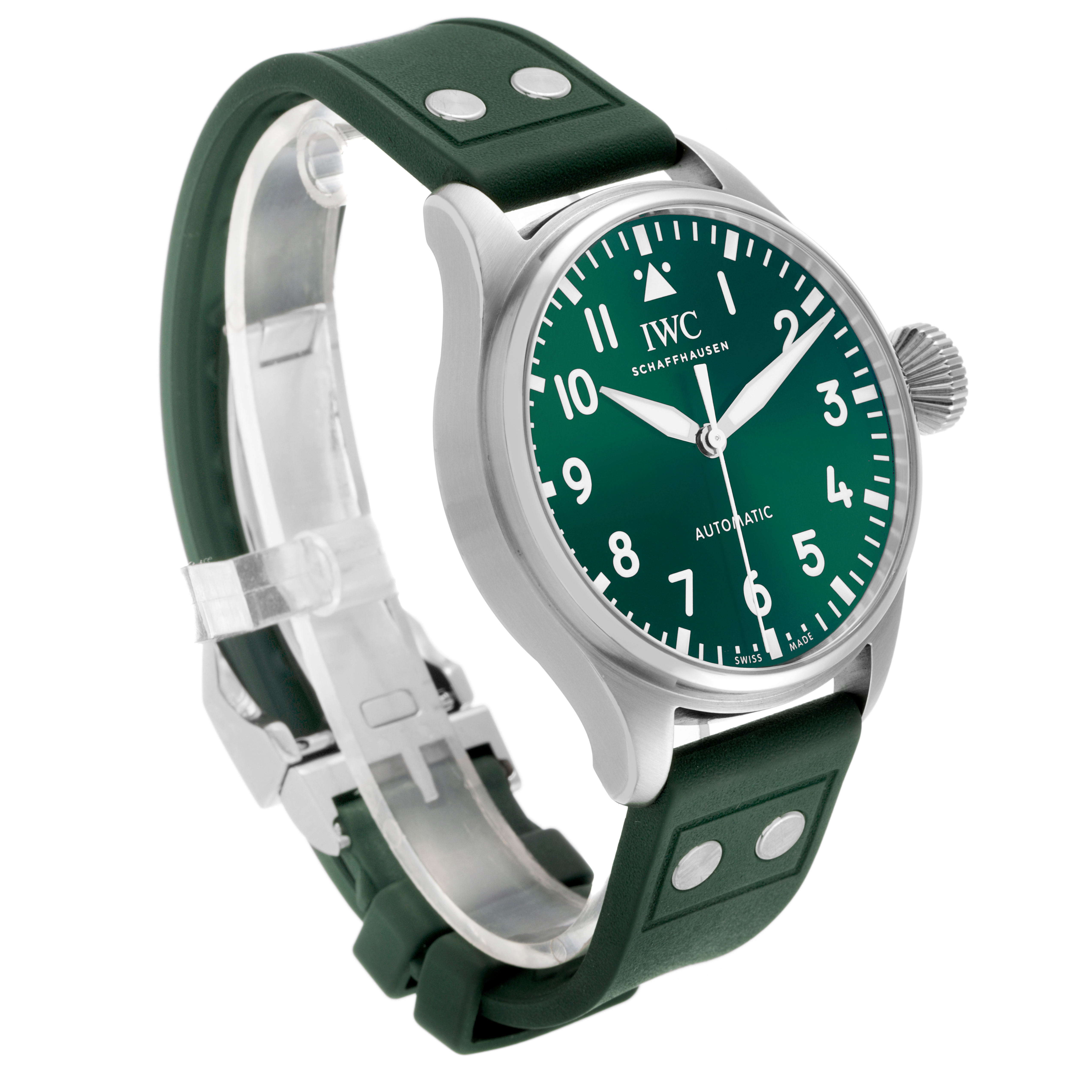 The IWC Pilot IW329306 Men's Stainless Steel Green Dial watch is shown at a three-quarter angle, displaying the face, crown, and green strap.