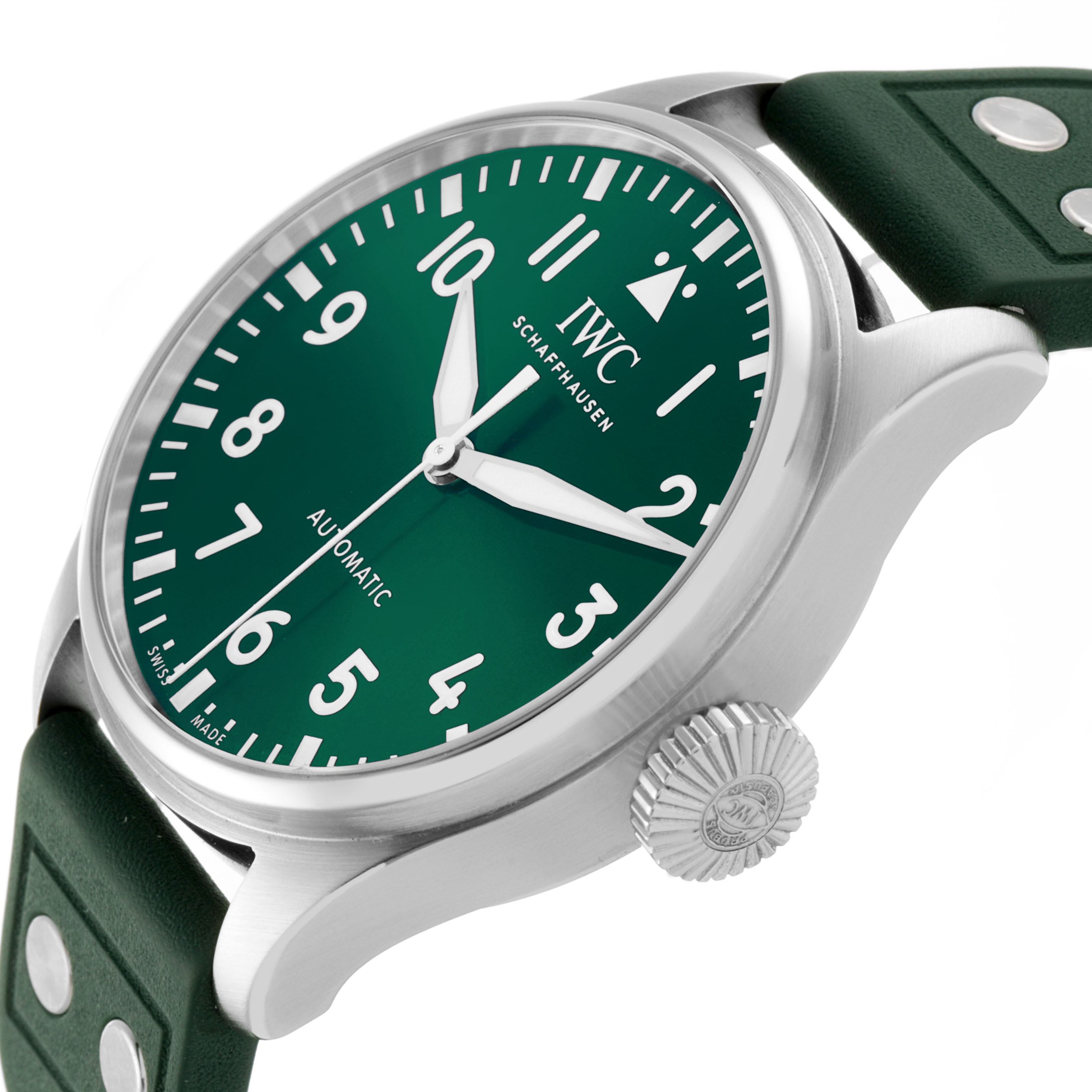 The IWC Pilot IW329306 Men's Stainless Steel Green Dial watch is shown from a side angle, highlighting the green dial, case, crown, and part of the strap.