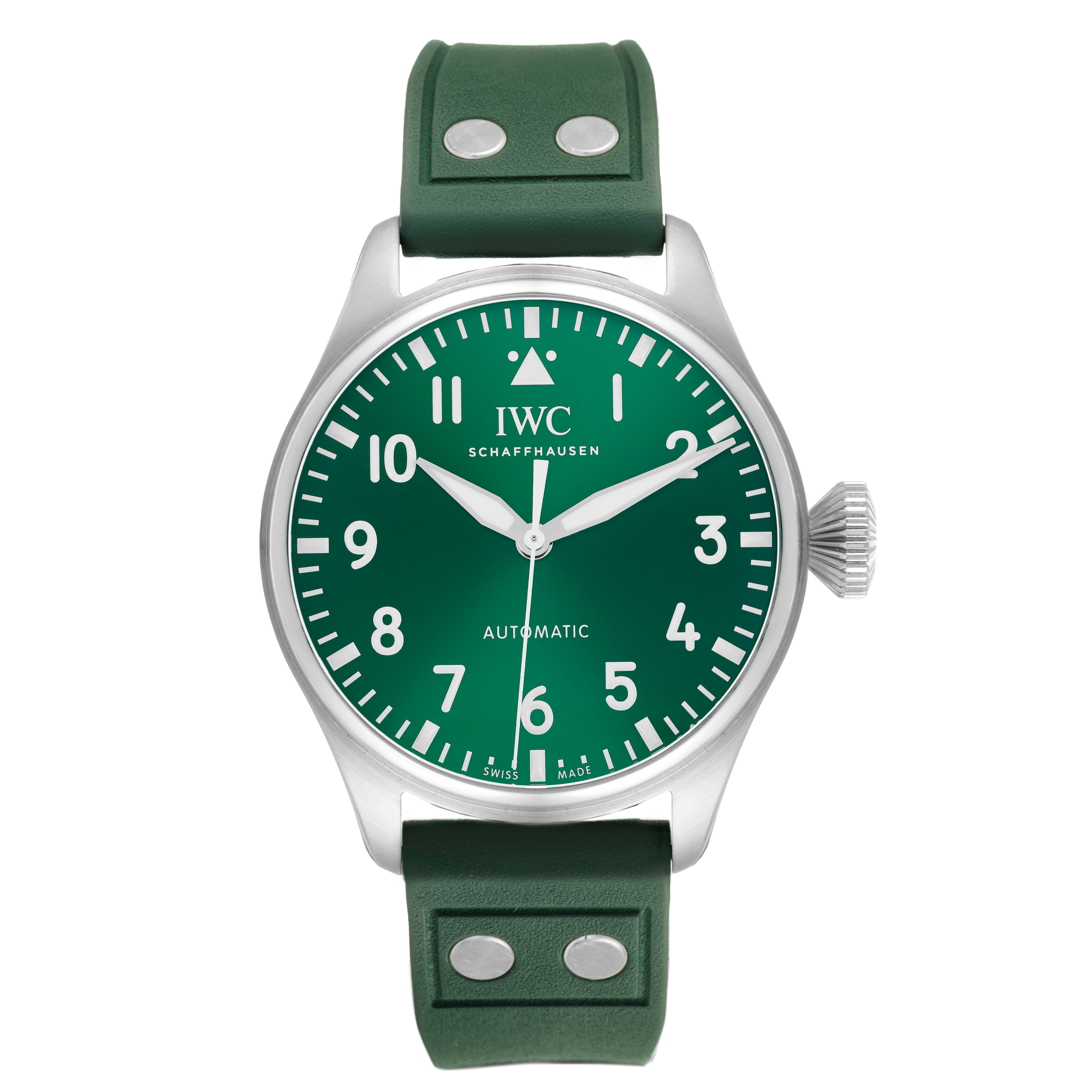 The IWC Pilot IW329306 Men's Stainless Steel Green Dial model watch is shown from the front, highlighting the green dial, numerals, hands, and green strap with rivets.