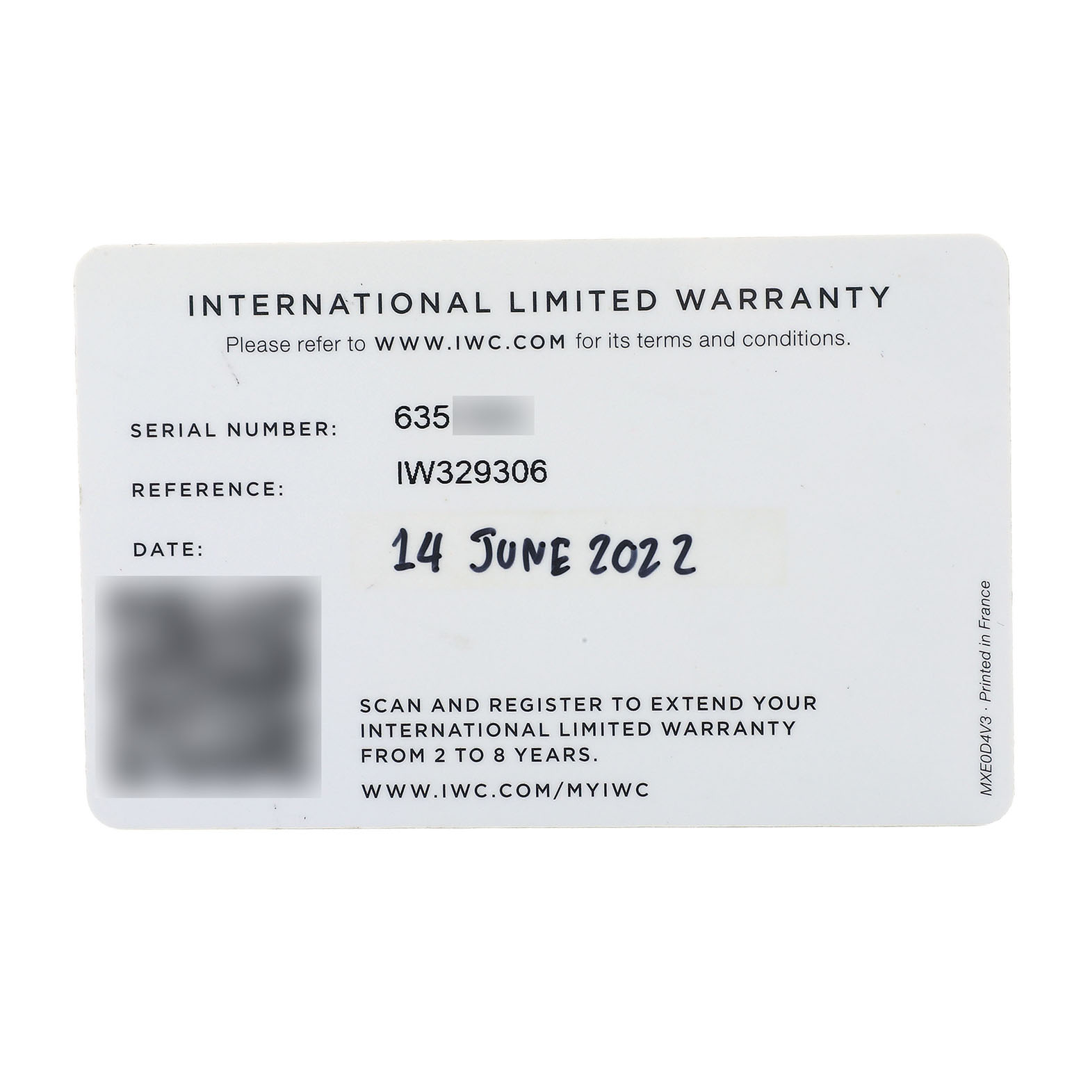The image shows an International Limited Warranty card for the IWC Pilot IW329306 Men's Stainless Steel Green Dial model watch.