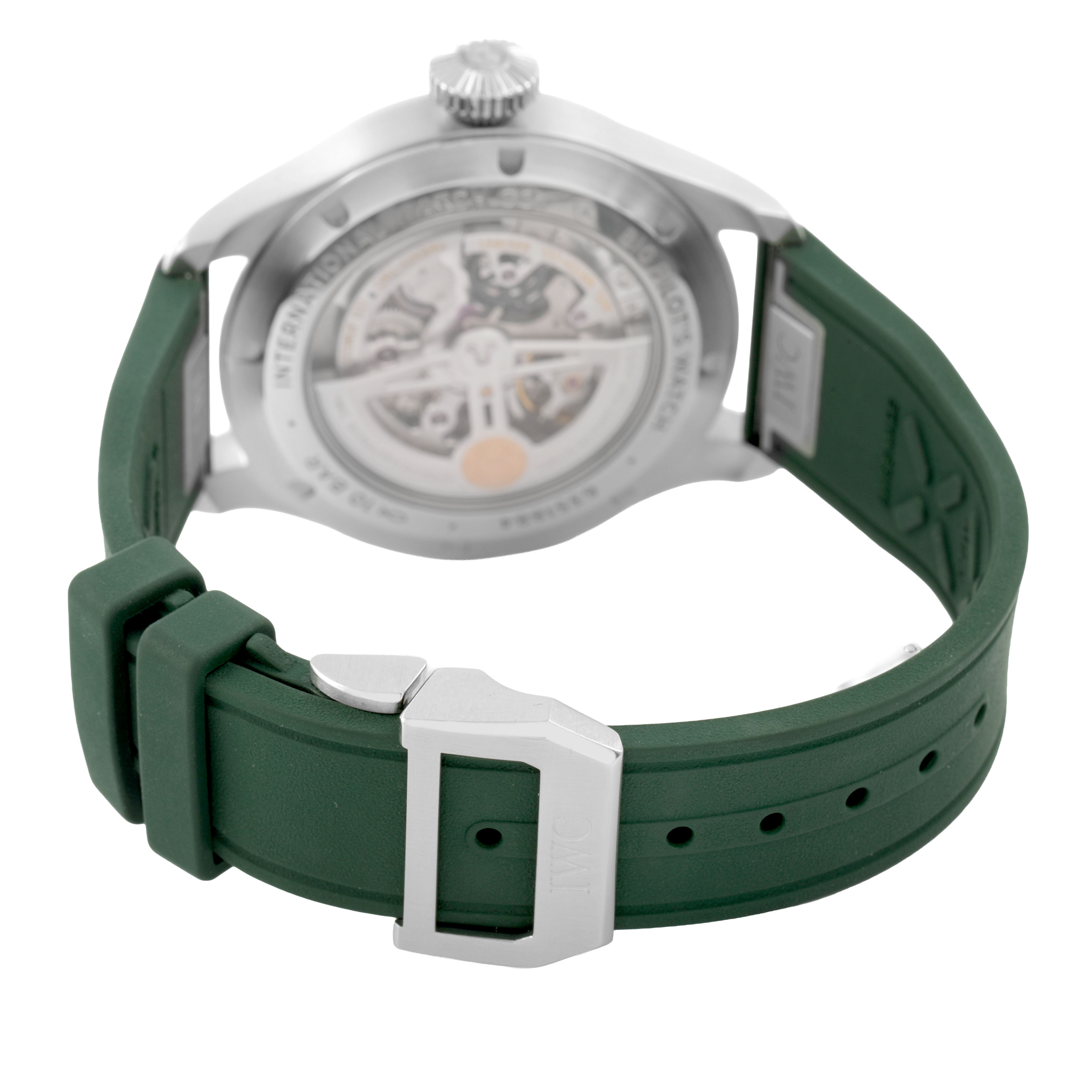 The IWC Pilot IW329306 Men's Stainless Steel Green Dial watch is shown from the rear, highlighting the case back and green strap with buckle.
