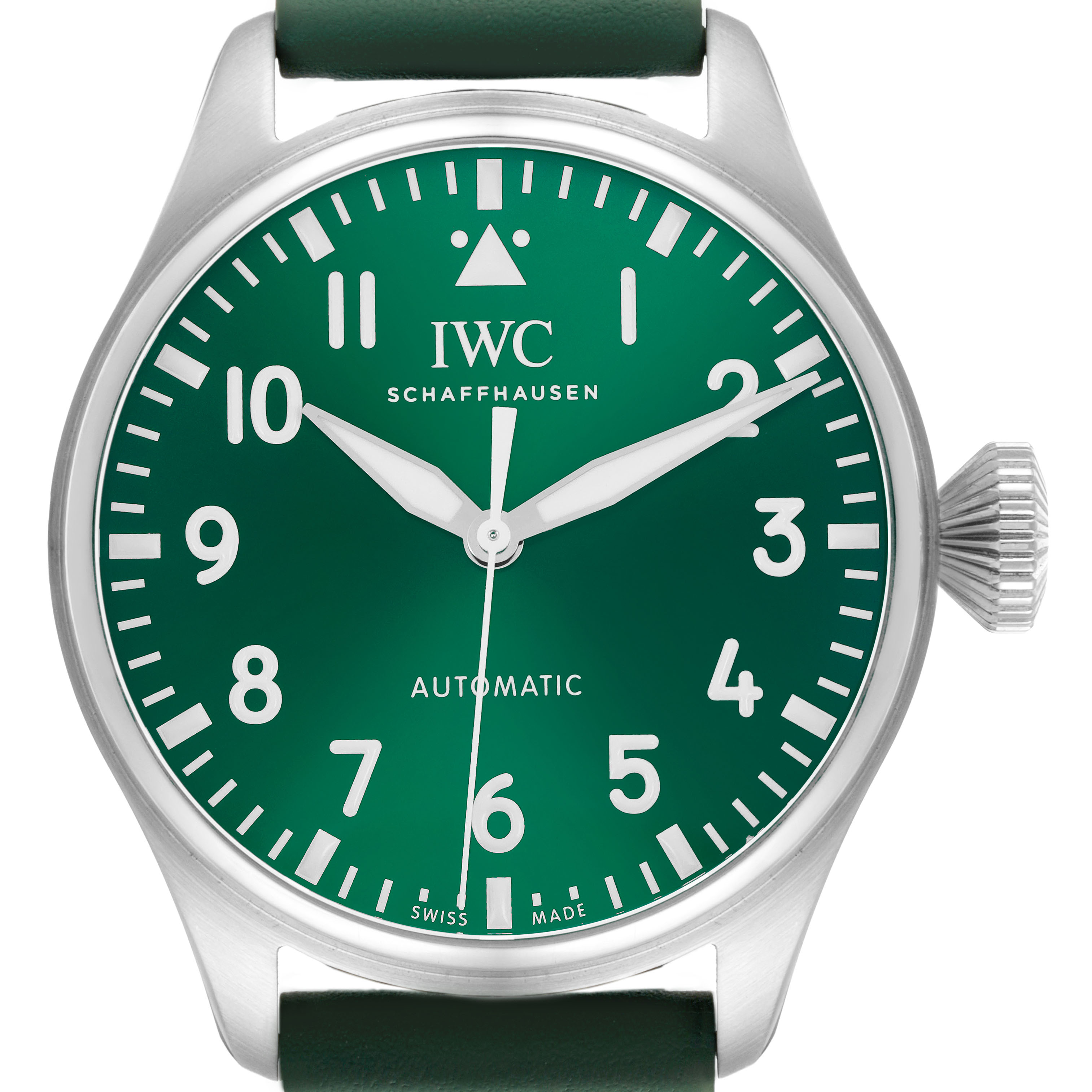 The IWC Pilot IW329306 Men's Stainless Steel Green Dial model watch is shown from a front view, highlighting the green dial, hands, numerals, and crown.