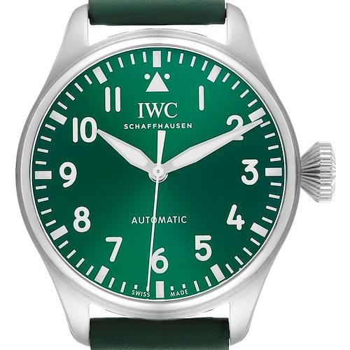 The IWC Pilot IW329306 Men's Stainless Steel Green Dial watch is shown from the front, highlighting the green dial and crown detail.
