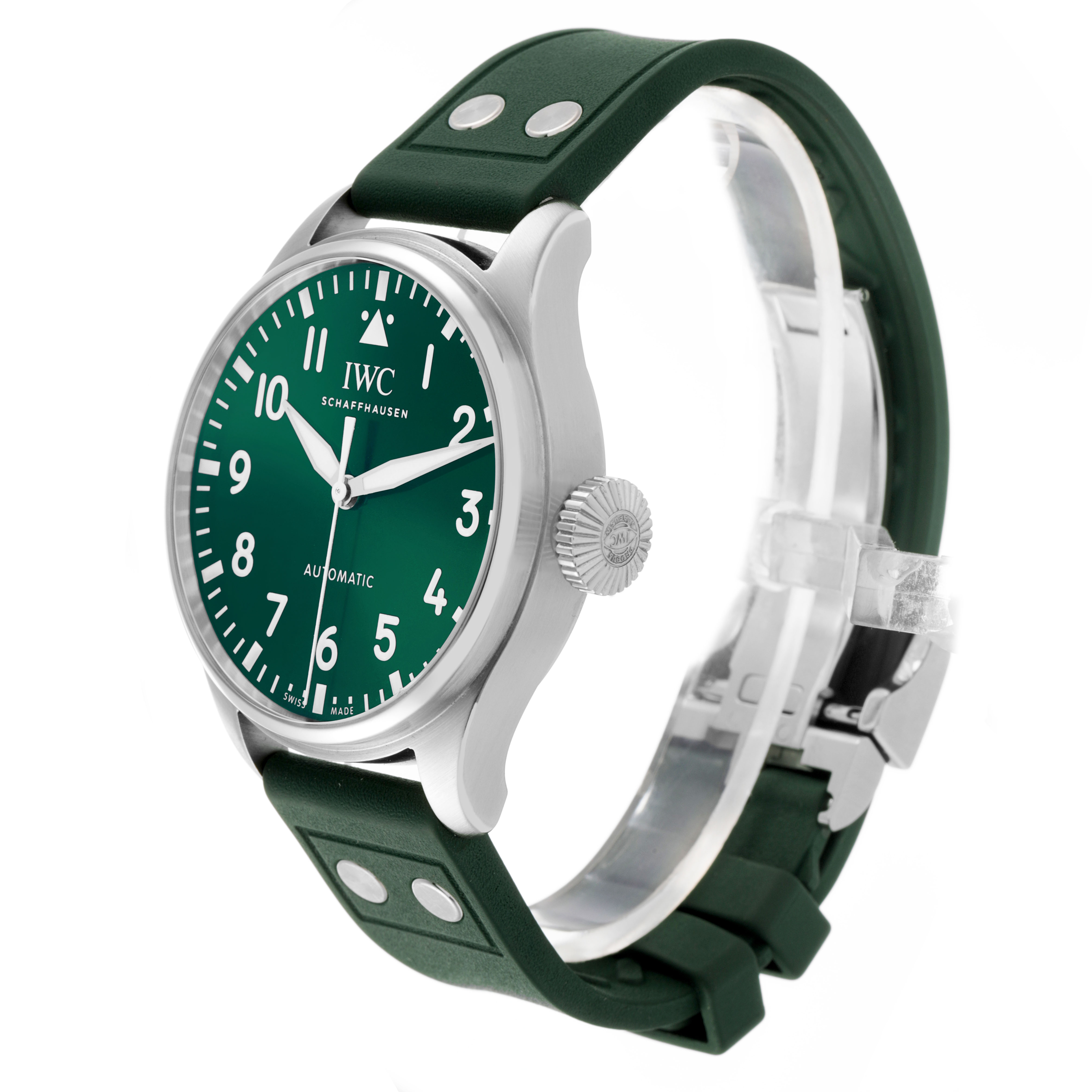 The IWC Pilot IW329306 Men's Stainless Steel Green Dial watch is shown at an angled side view, highlighting its green dial, crown, and leather strap.