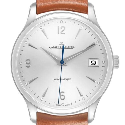The Jaeger-LeCoultre Master watch is shown from the front, displaying the dial, hands, indices, and date window.