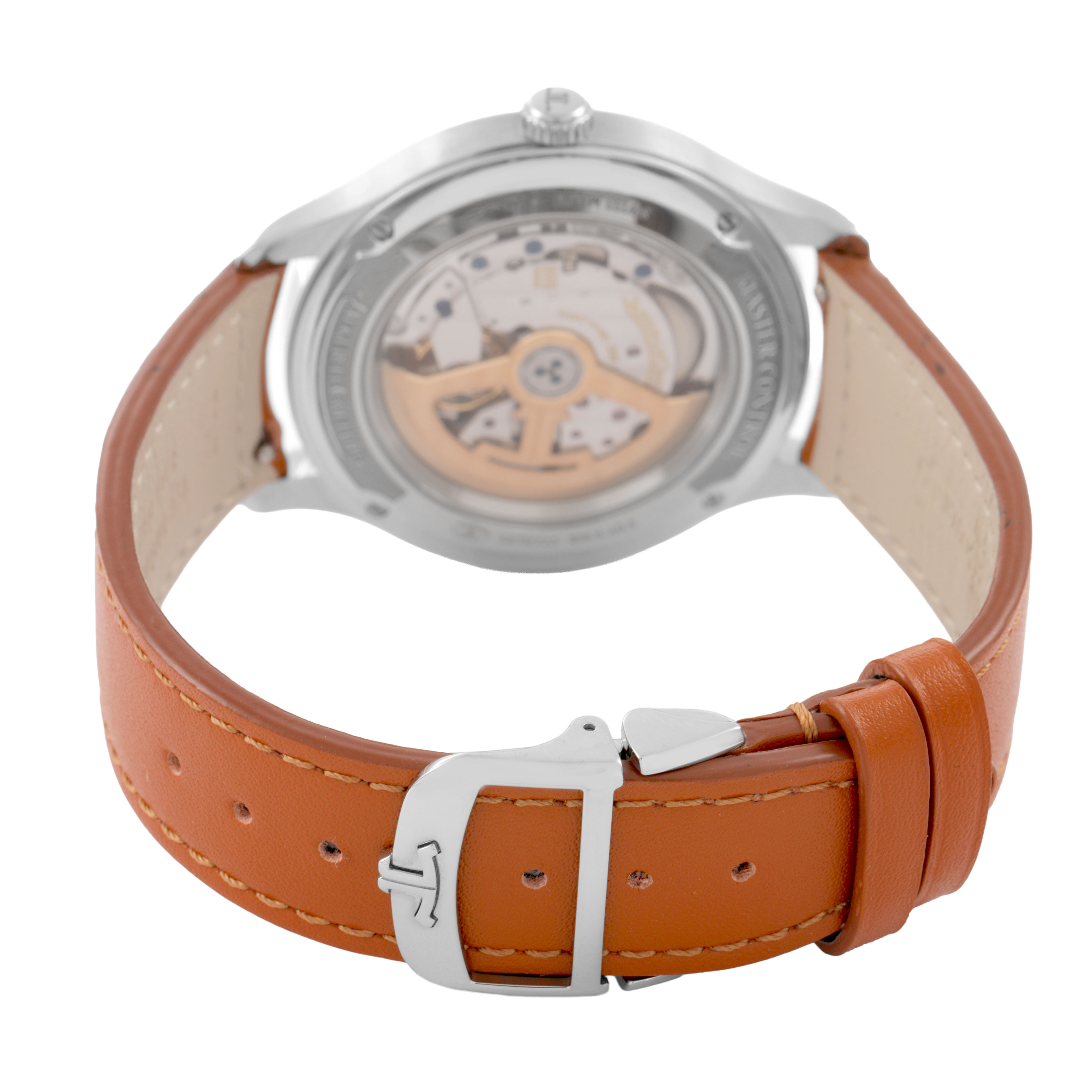 The image shows the Jaeger LeCoultre Master Q4018420 Men's Stainless Steel Silver Dial model from a rear angle, highlighting the exhibition case back and leather strap.