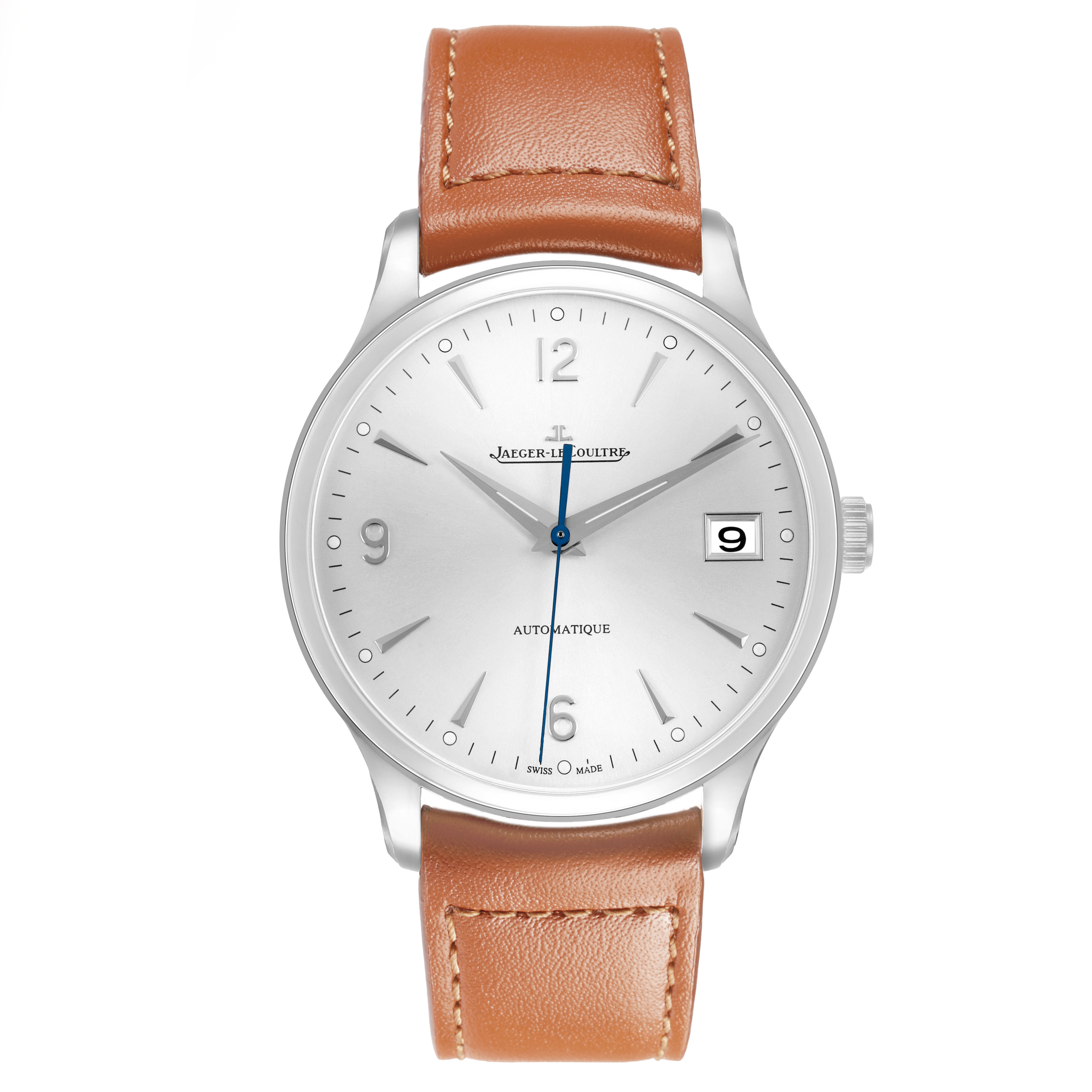 The Jaeger LeCoultre Master Q4018420 Men's Stainless Steel Silver Dial model is shown from a front view, highlighting its dial, hands, date window, and brown leather strap.