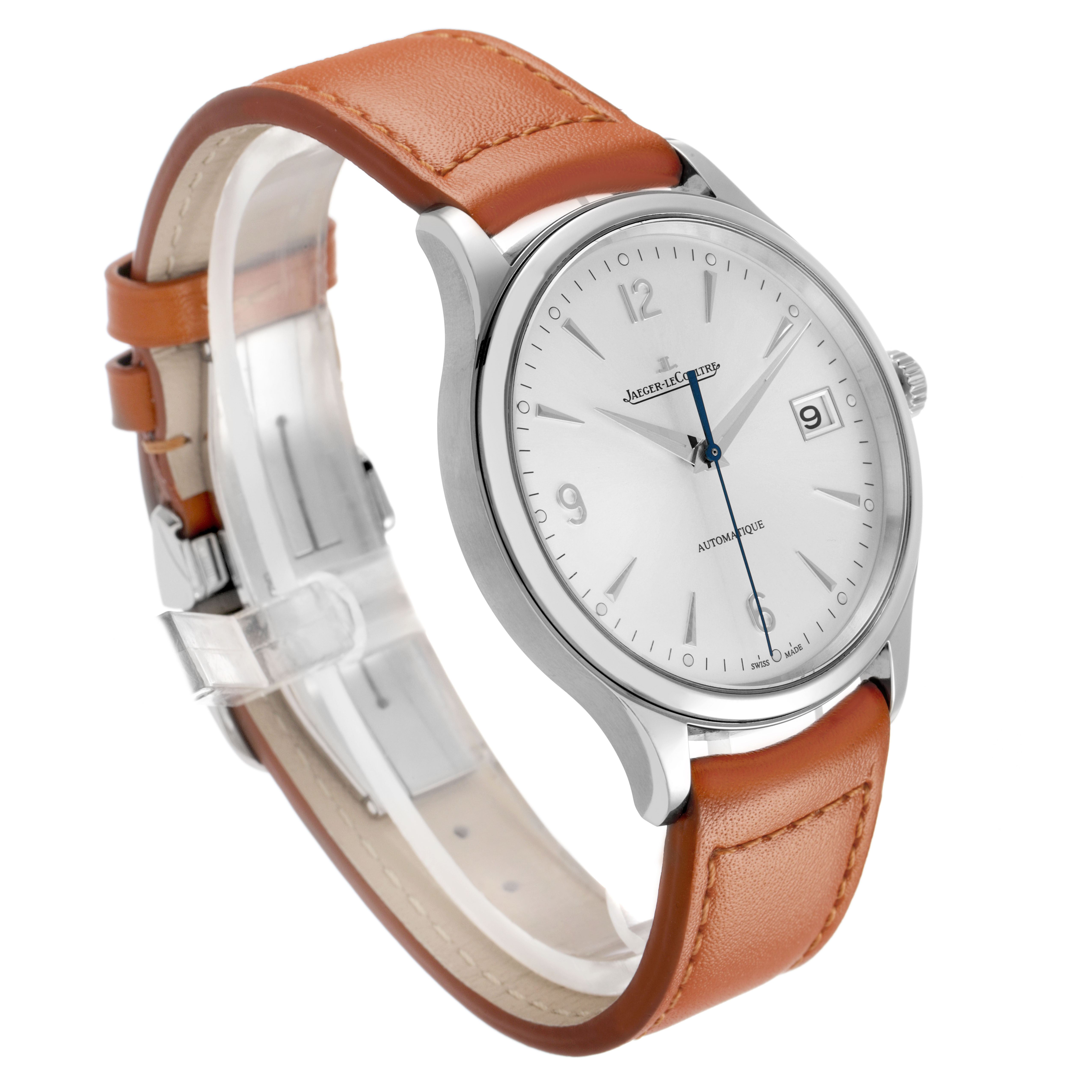The Jaeger LeCoultre Master Q4018420 Men's Stainless Steel Silver Dial watch is shown at a three-quarter angle, highlighting the silver dial, hands, date window, and brown leather strap.