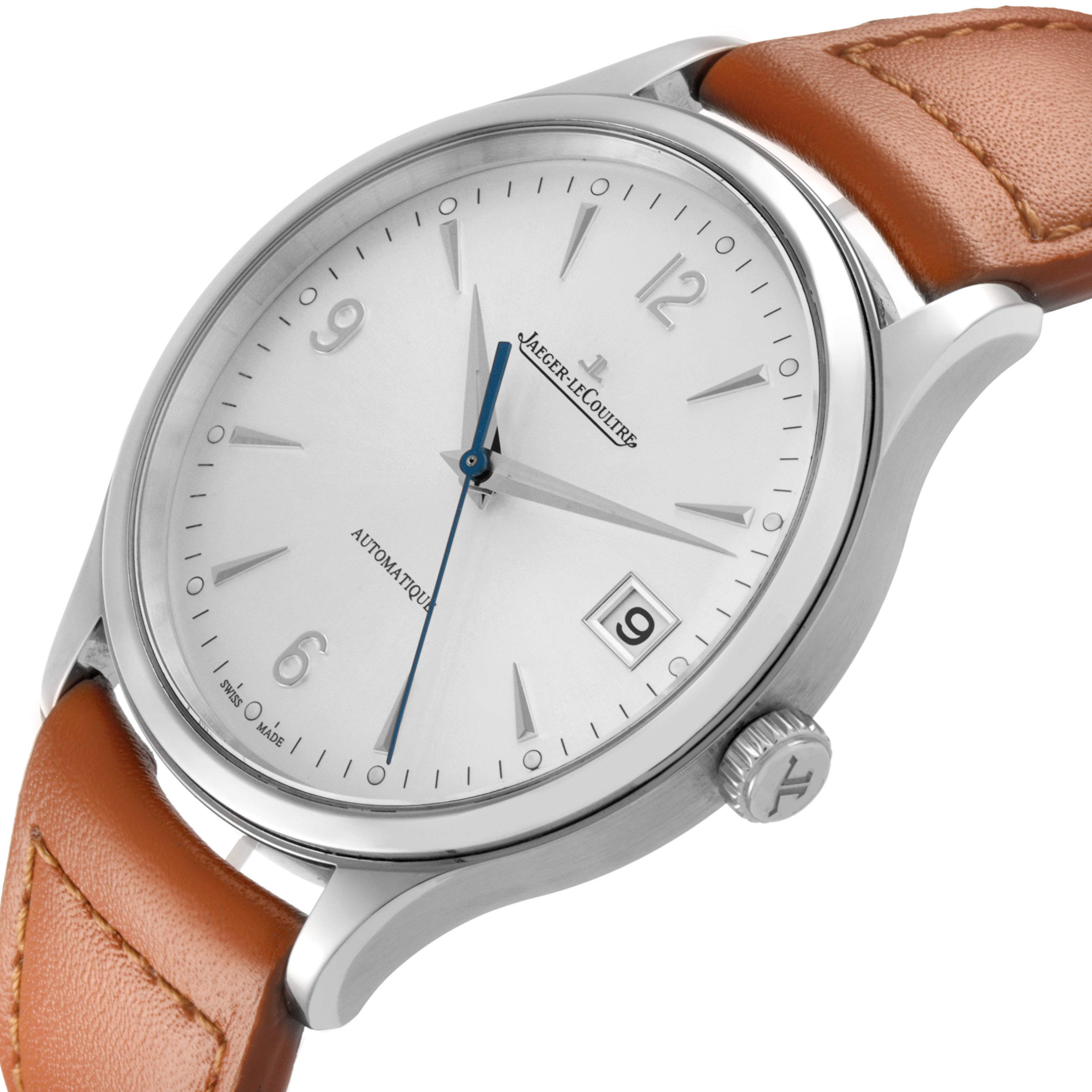 The image shows a Jaeger LeCoultre Master Q4018420 Men's Stainless Steel Silver Dial model watch at a slight angle, highlighting the face, date window, and leather strap.