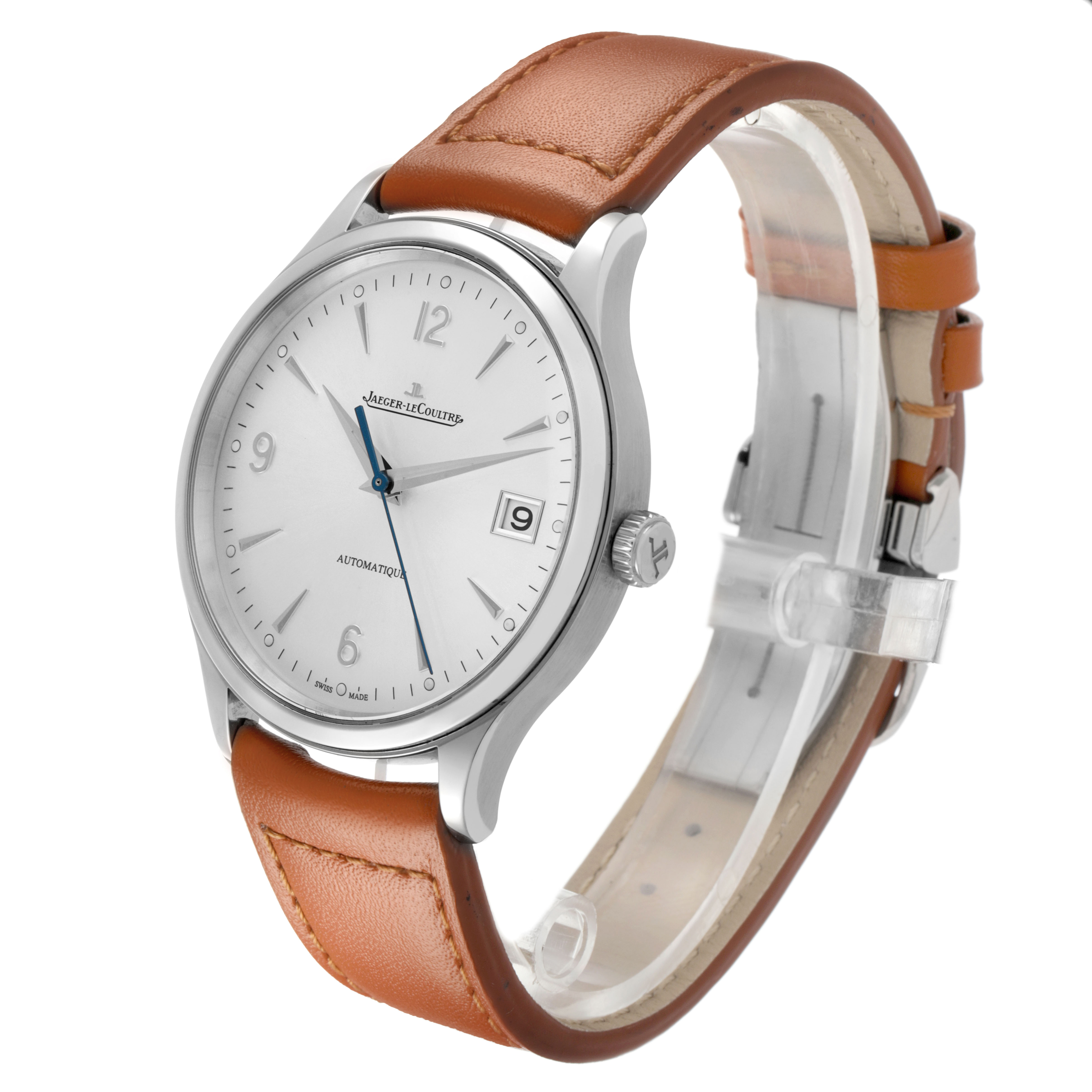 The Jaeger LeCoultre Master Q4018420 Men's Stainless Steel Silver Dial watch is shown at a slight angle, highlighting the face, bezel, crown, and brown leather strap.